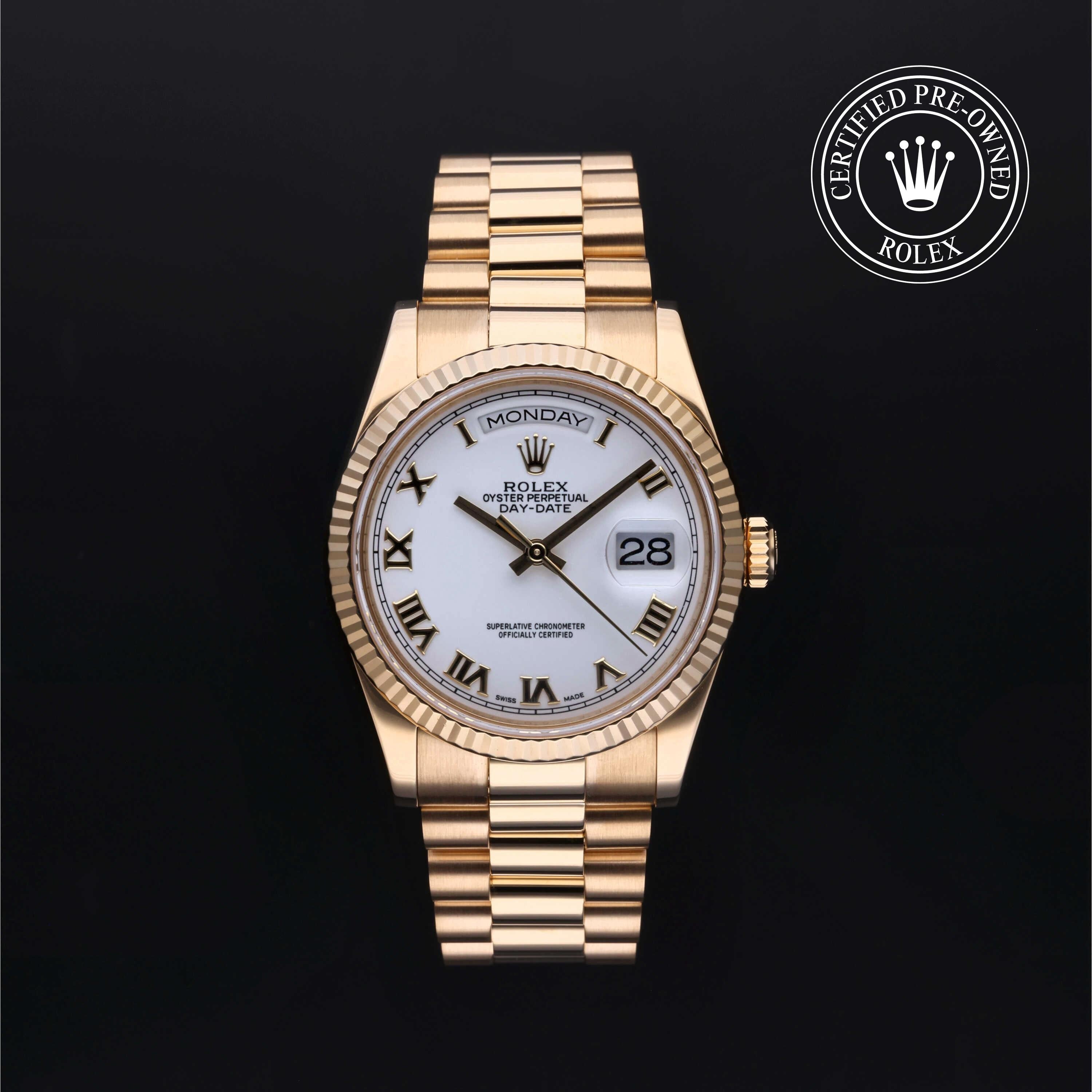 Rolex Certified Pre-owned Day-date M118238-0122 front on black background