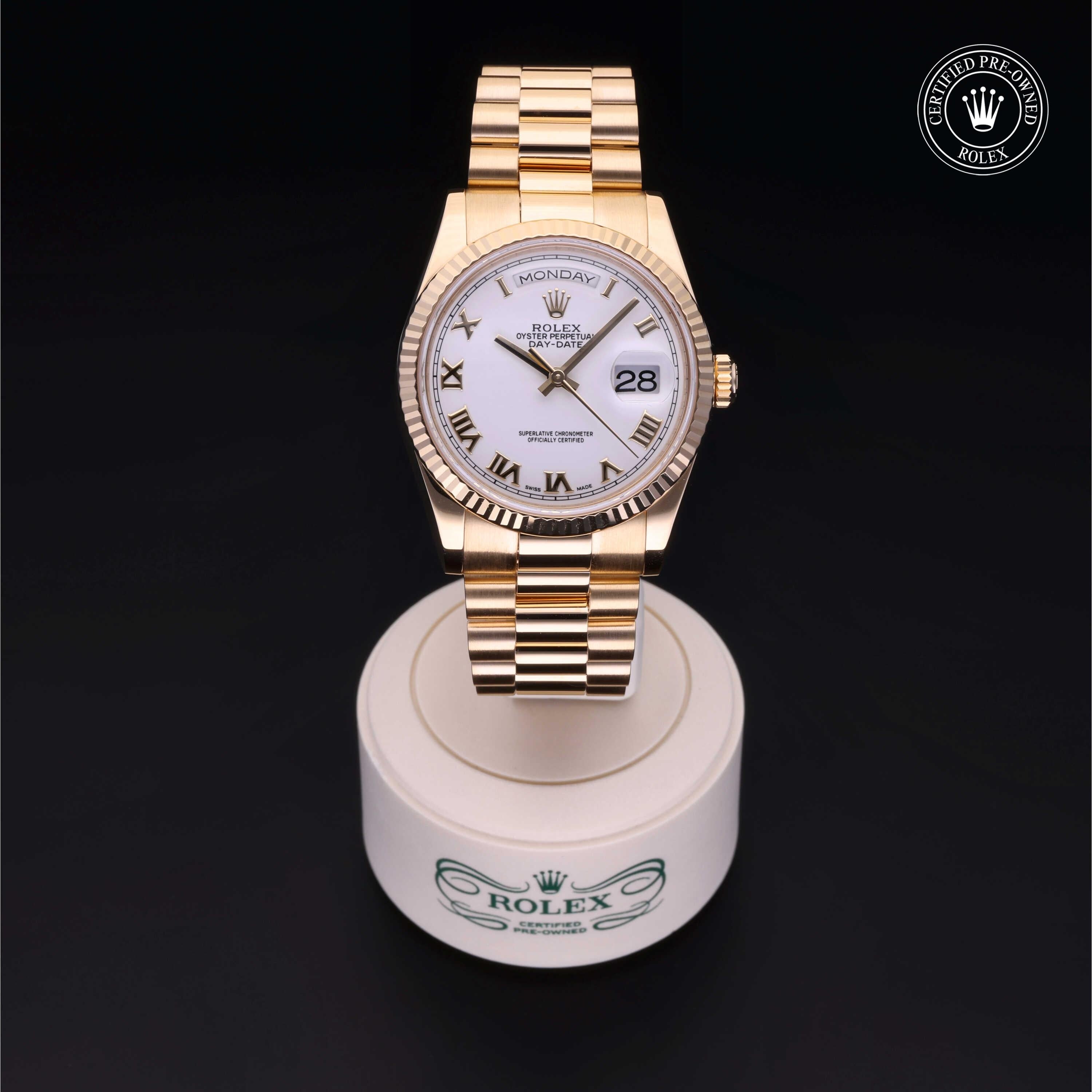 Rolex Certified Pre-owned Day-date M118238-0122 front on black background