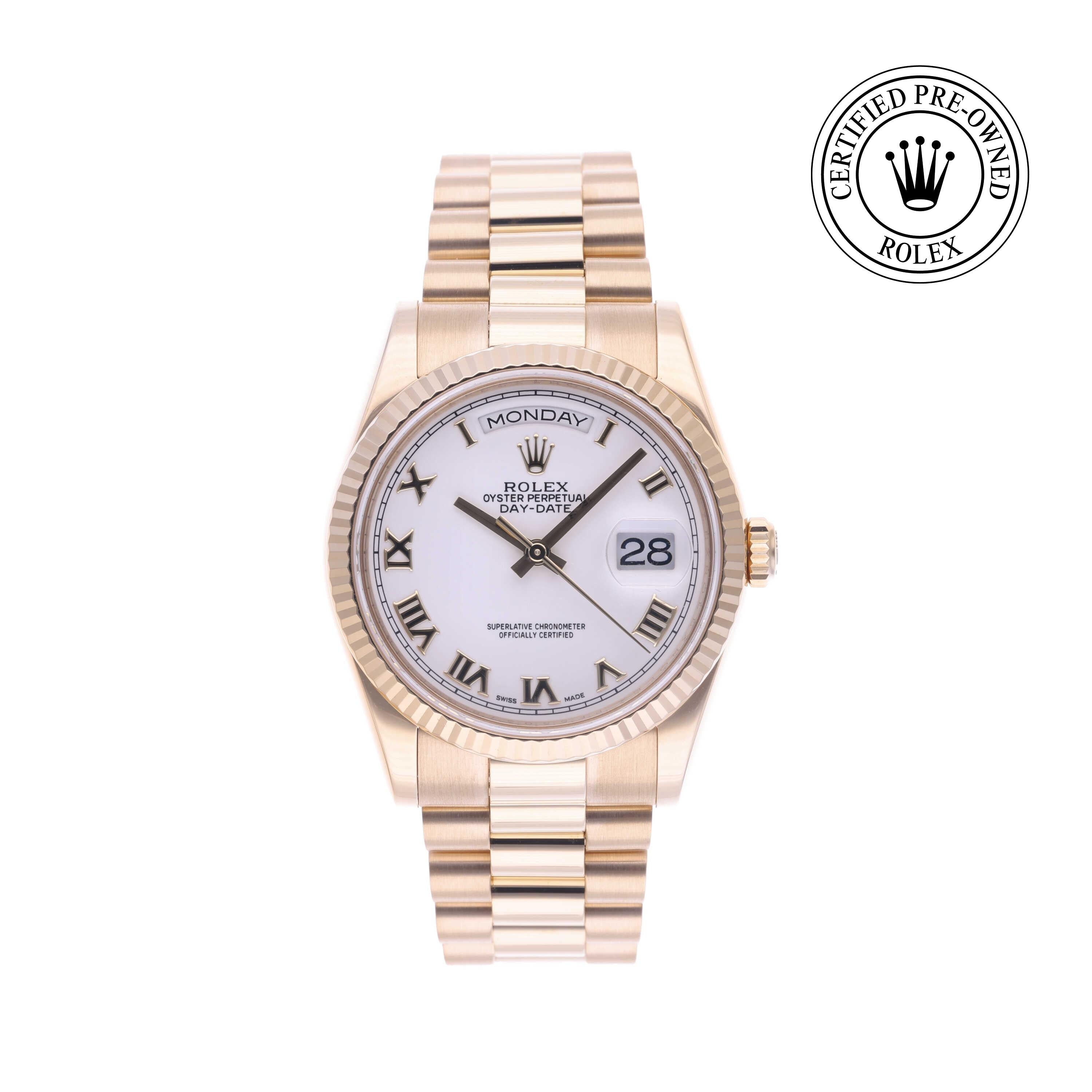 Rolex Certified Pre-owned Day-date M118238-0122 front on white background