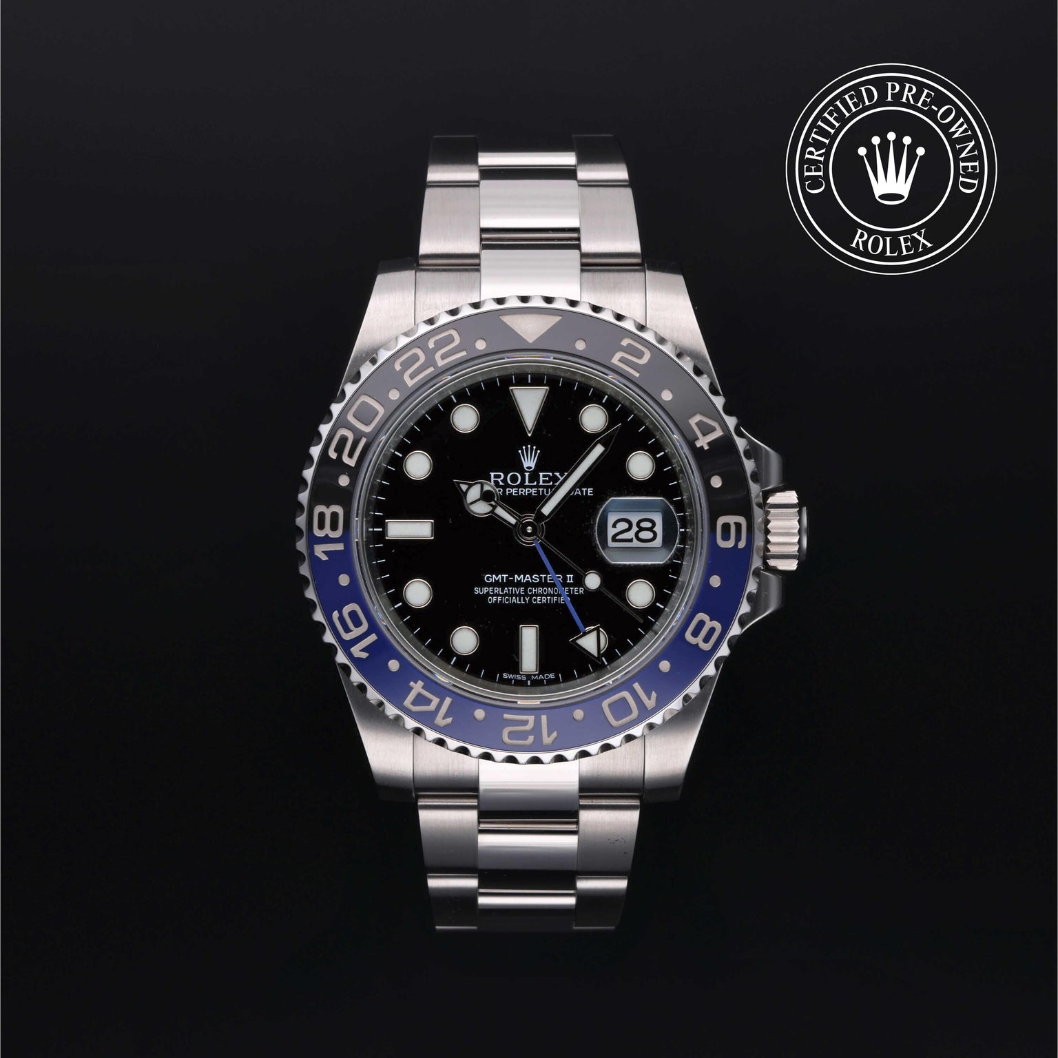 Rolex Certified Pre-owned GMT M116710BLNR-0002 front on black background
