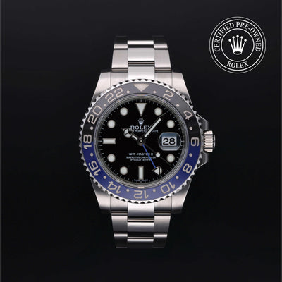 Rolex Certified Pre-owned GMT M116710BLNR-0002 front on black background