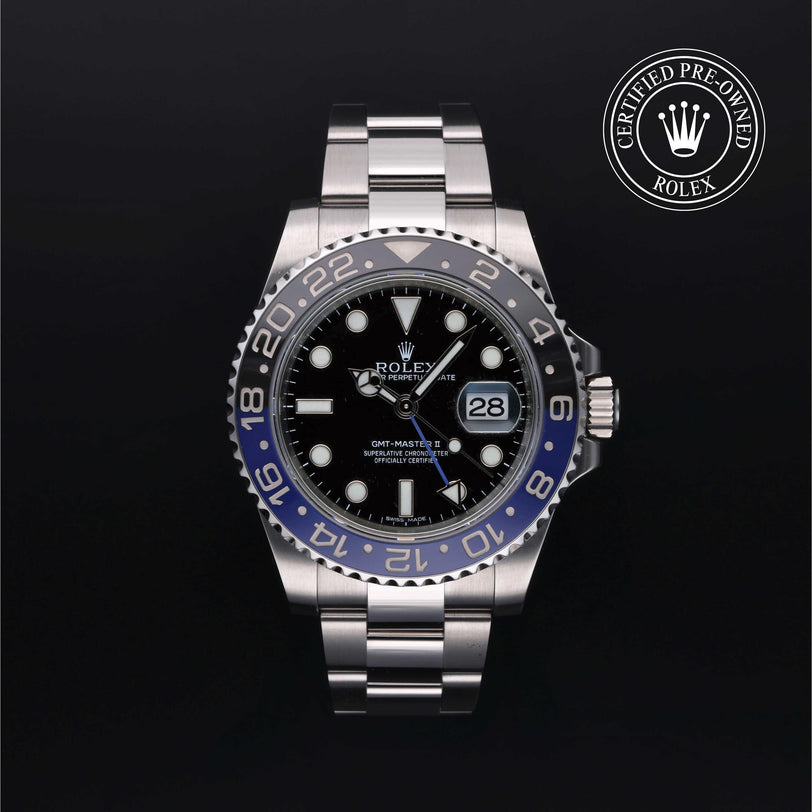 Rolex Certified Pre-owned GMT M116710BLNR-0002 front on black background