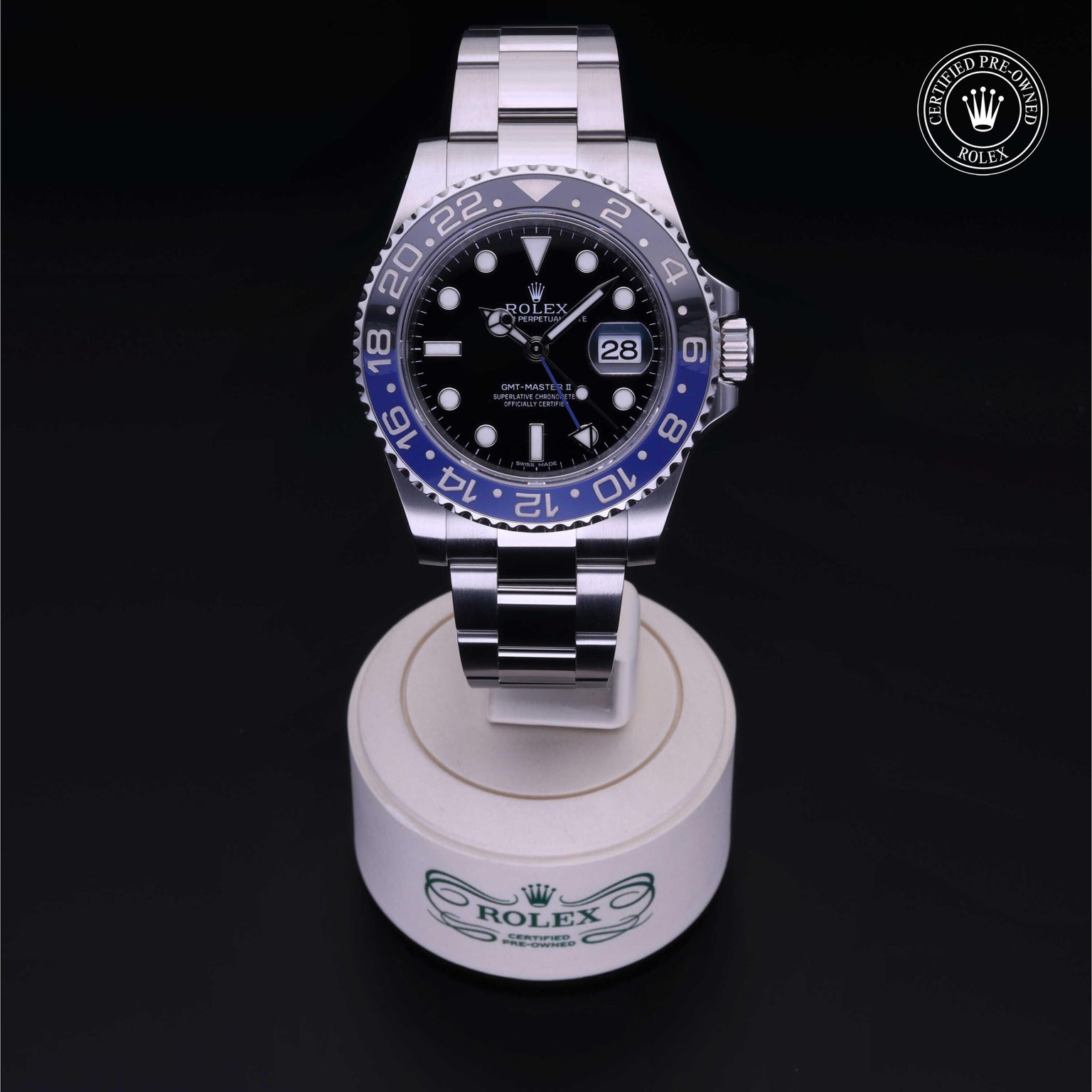 Rolex Certified Pre-owned GMT M116710BLNR-0002 front on black background