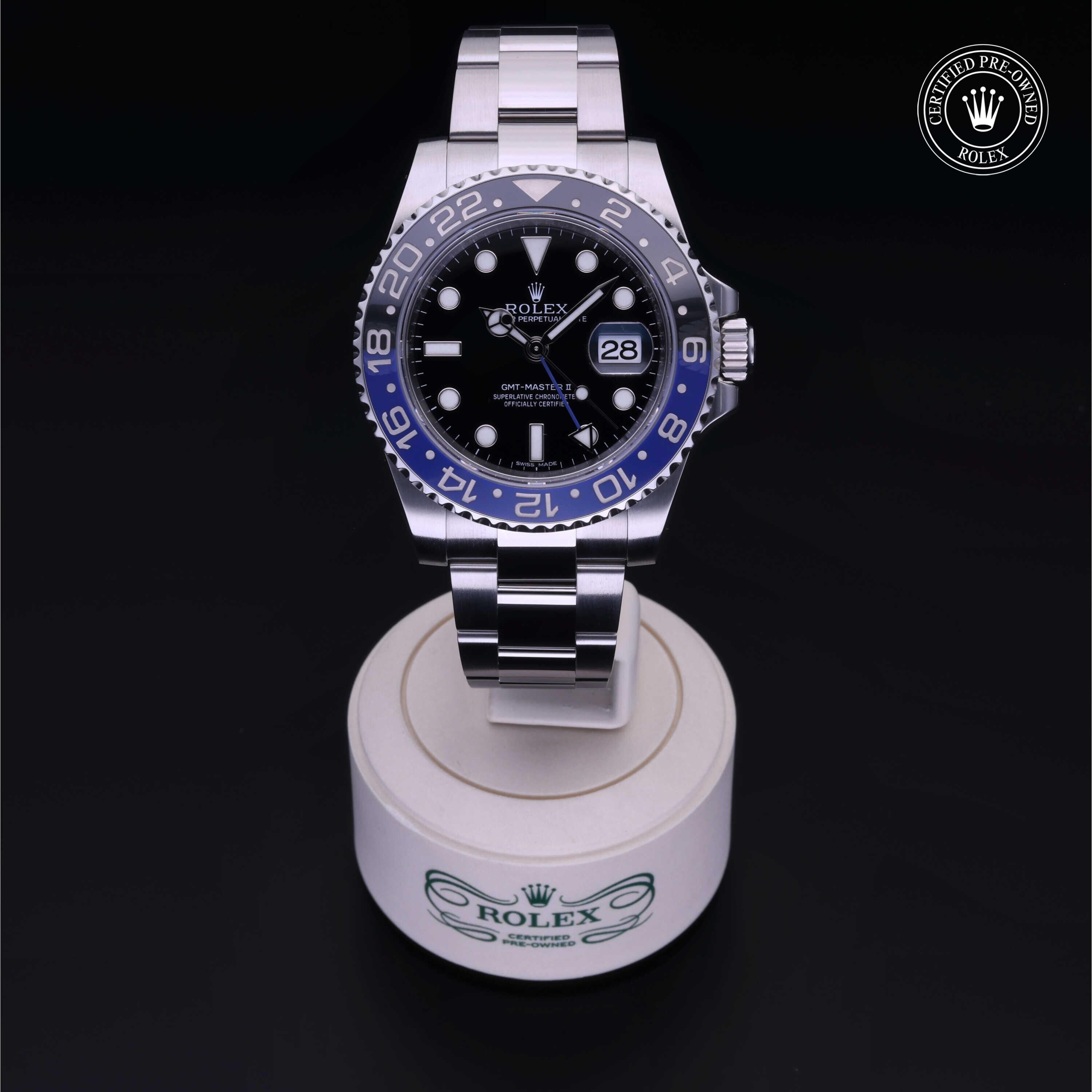 Rolex Certified Pre-owned GMT M116710BLNR-0002 front on black background
