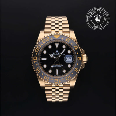 Rolex Certified Pre-owned GMT M126718GRNR-0001 front on black background