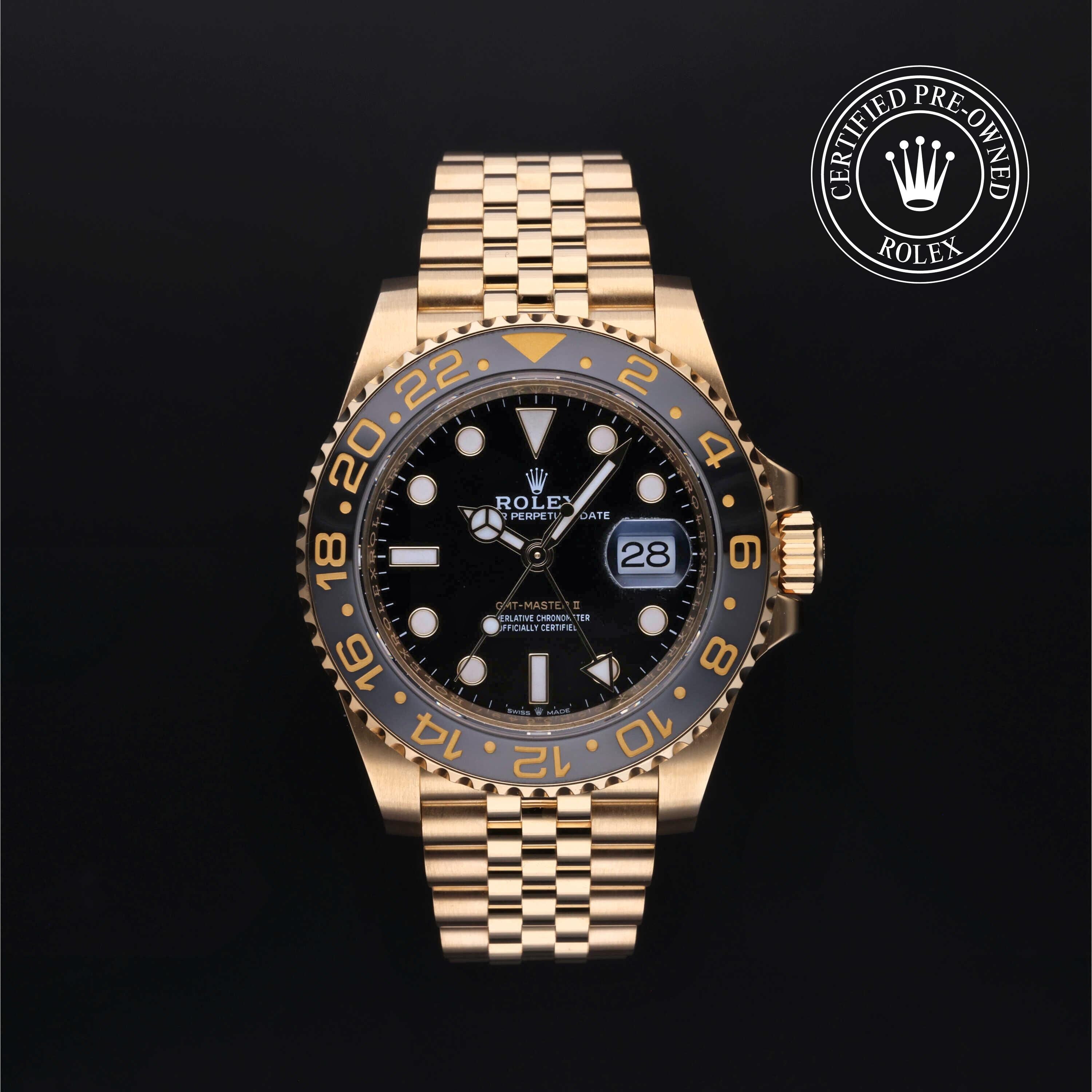 Rolex Certified Pre-owned GMT M126718GRNR-0001 front on black background