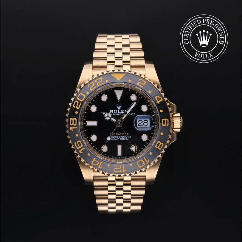 Rolex Certified Pre-owned GMT M126718GRNR-0001 front on black background