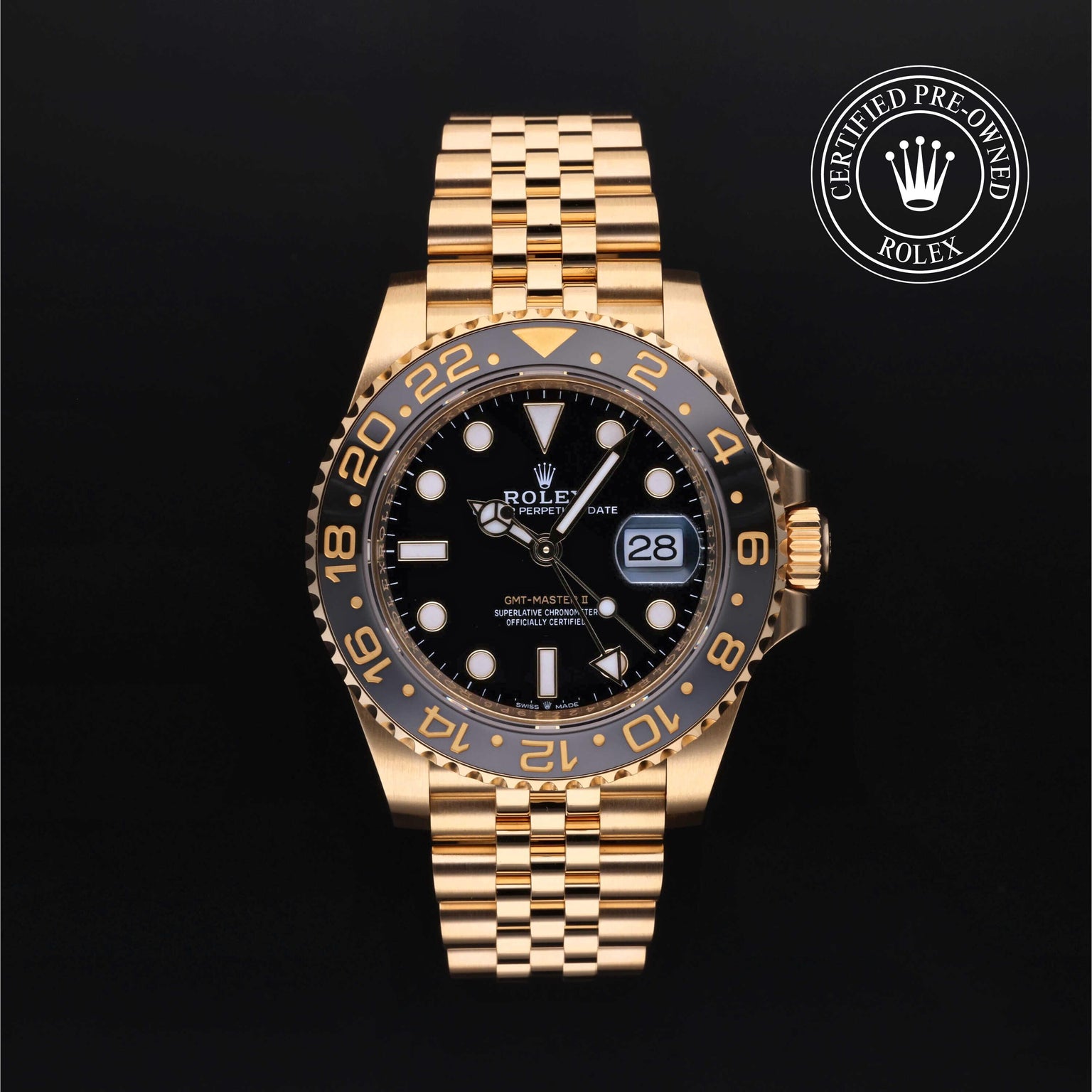 Rolex Certified Pre-owned GMT II M126718GRNR-0001 front on black background