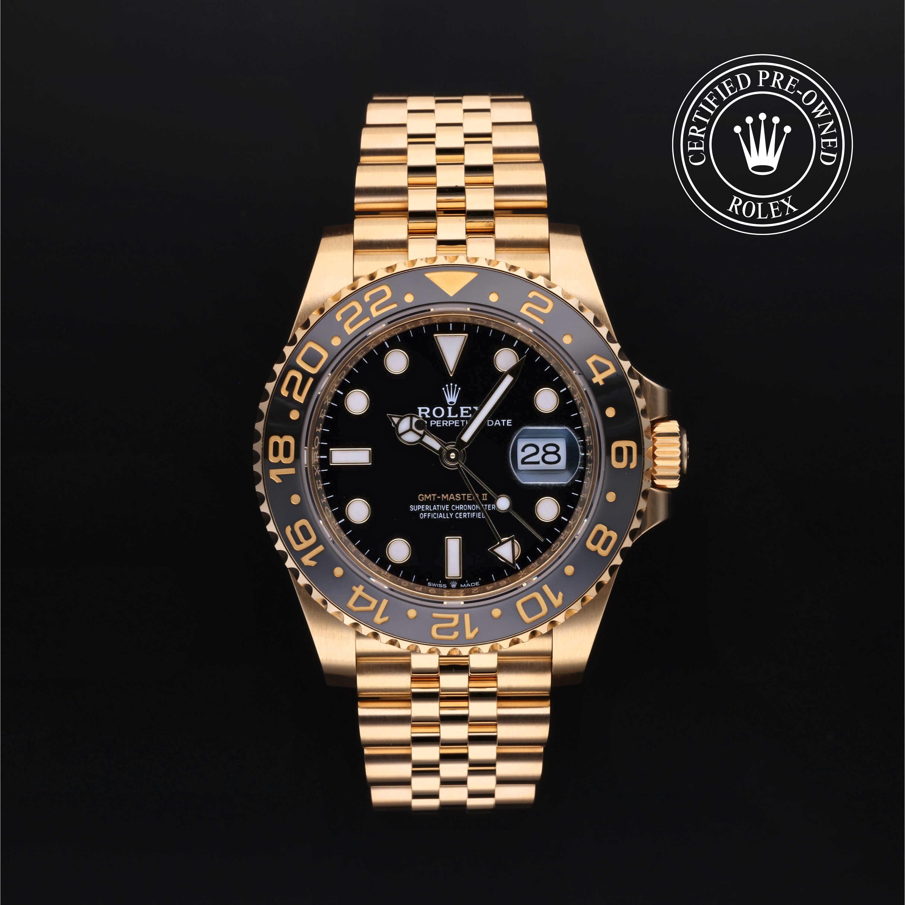 Rolex Certified Pre-owned GMT II M126718GRNR-0001 front on black background