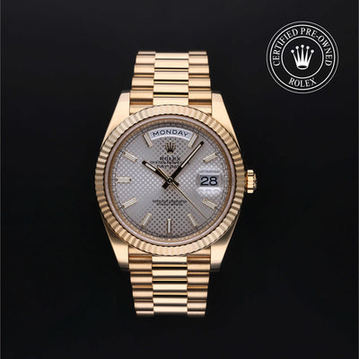 Rolex Certified Pre-owned Day-date M228238-0008 front on black background