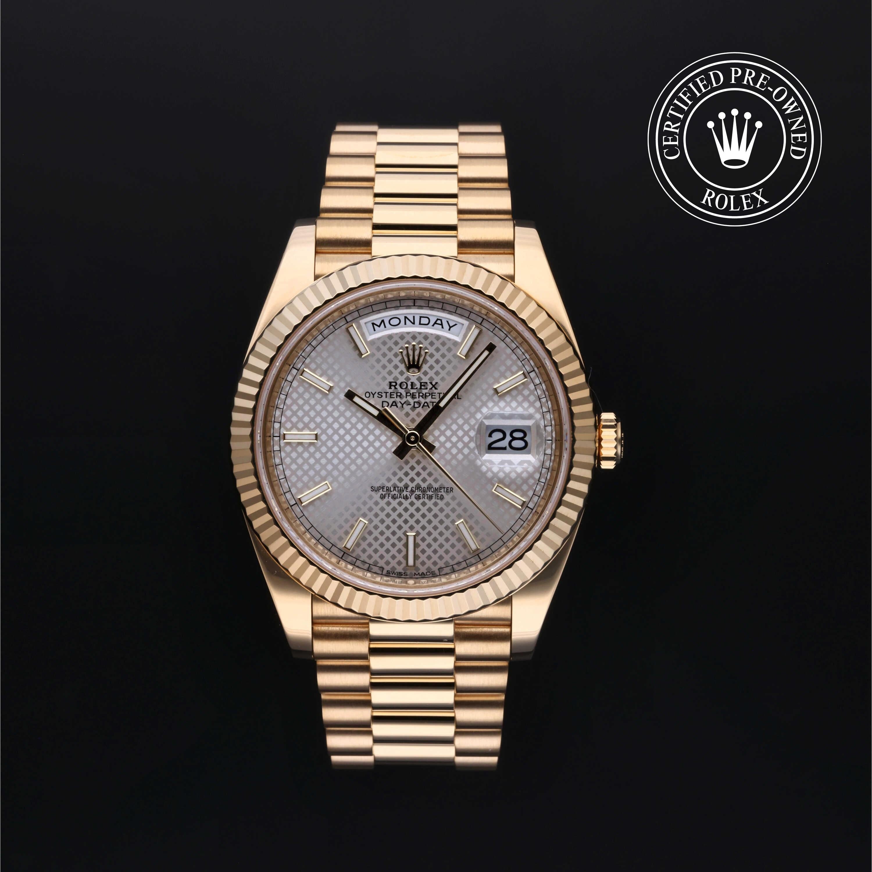 Rolex Certified Pre-owned Day-date M228238-0008 front on black background