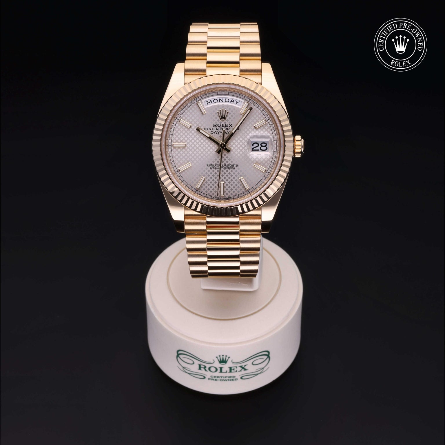 Rolex Certified Pre-owned Day-date M228238-0008 front on black background