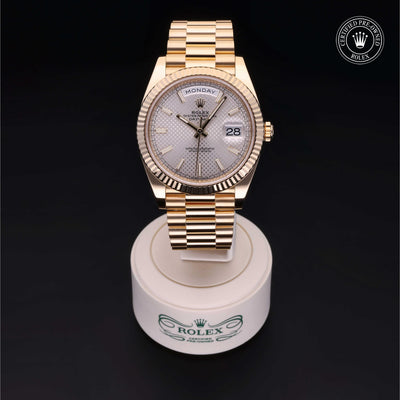 Rolex Certified Pre-owned Day-date M228238-0008 front on black background