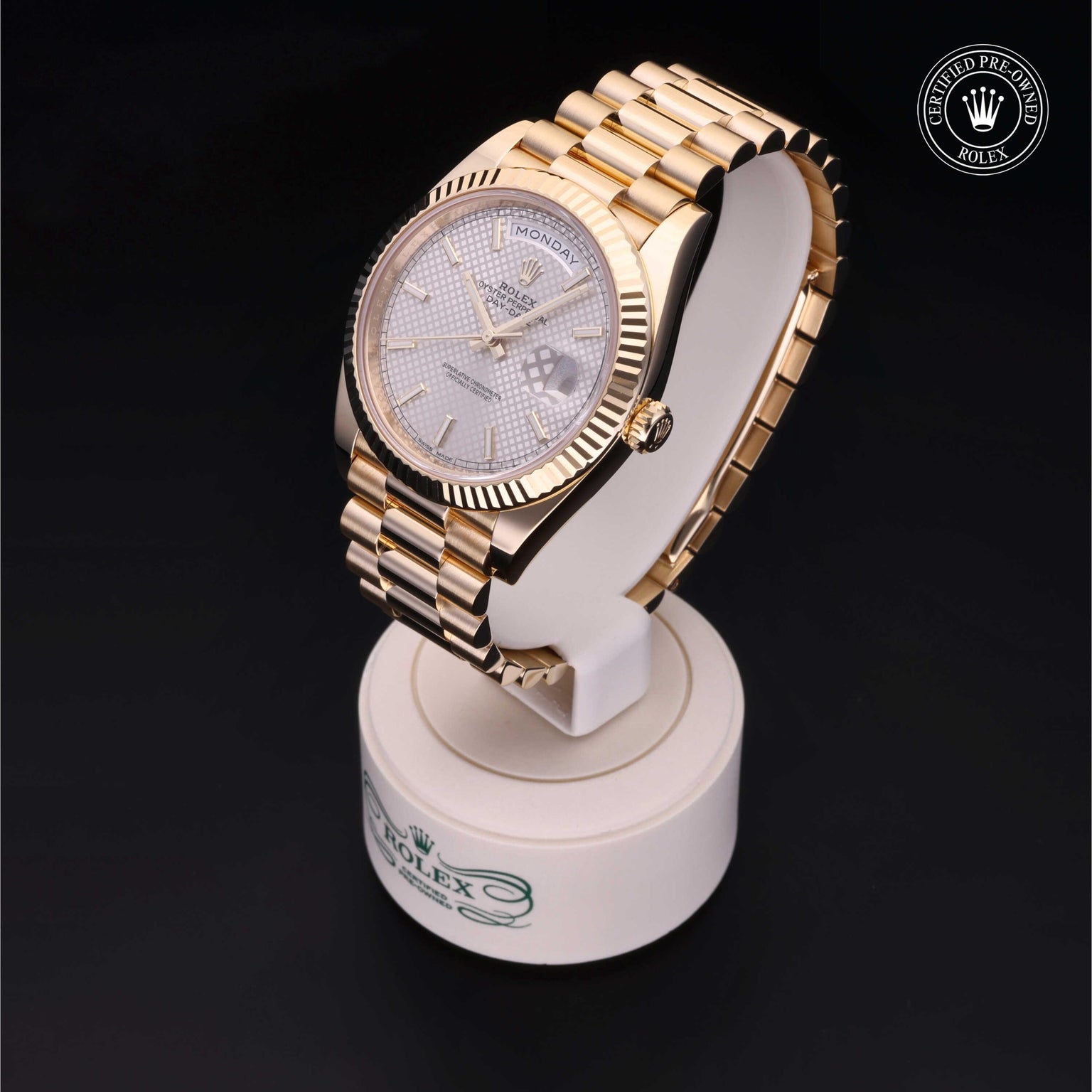 Rolex Certified Pre-owned Day-date M228238-0008 front on black background