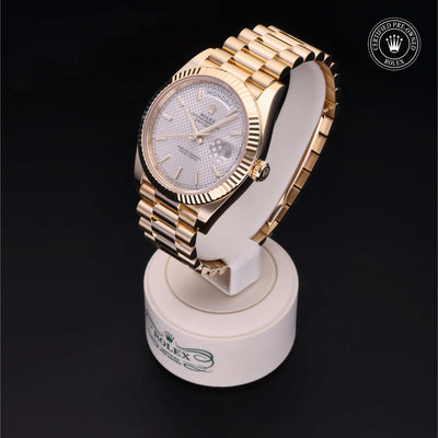 Rolex Certified Pre-owned Day-date M228238-0008 front on black background