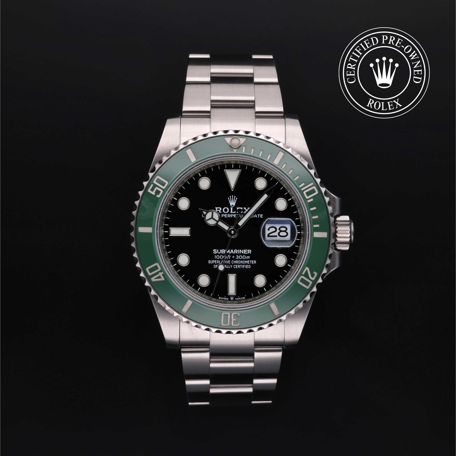Rolex Certified Pre-owned Submariner M126610LV-0002 front on black background