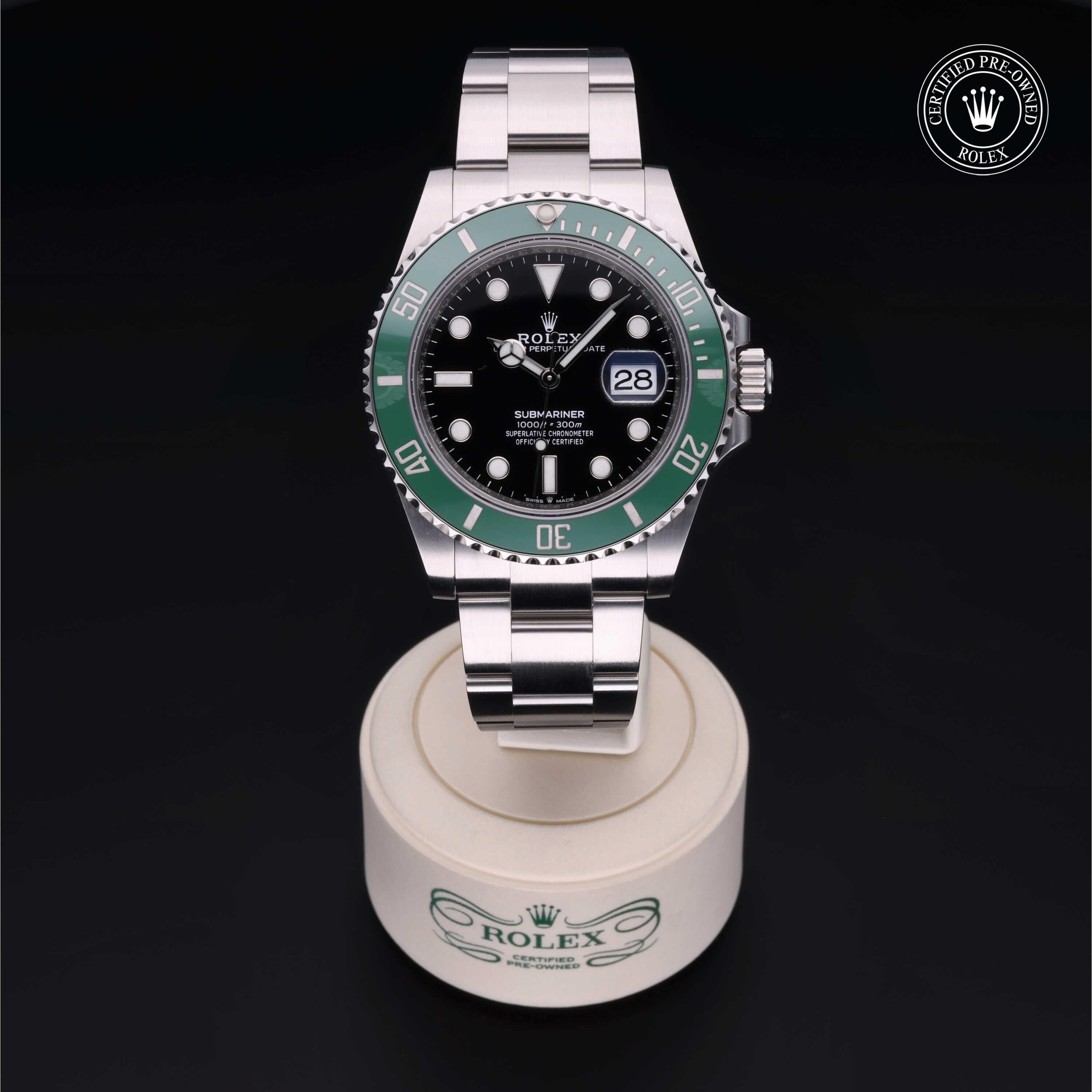 Rolex Certified Pre-owned Submariner M126610LV-0002 front on black background