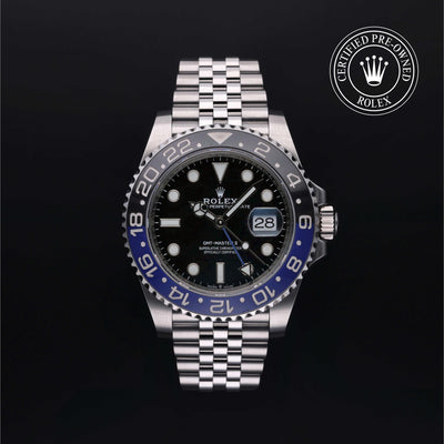 Rolex Certified Pre-owned GMT II M126710BLNR-0002 front on black background