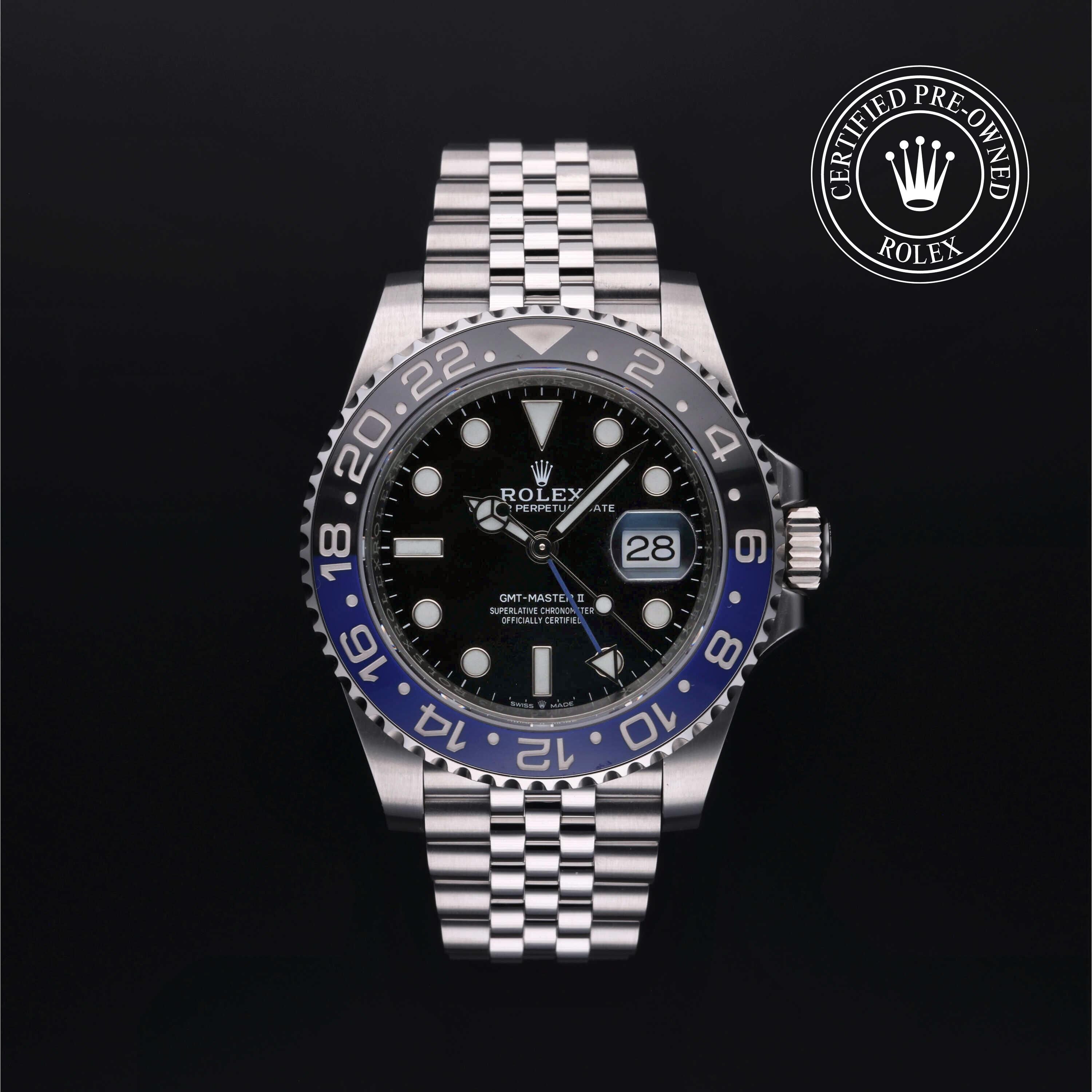 Rolex Certified Pre-owned GMT II M126710BLNR-0002 front on black background