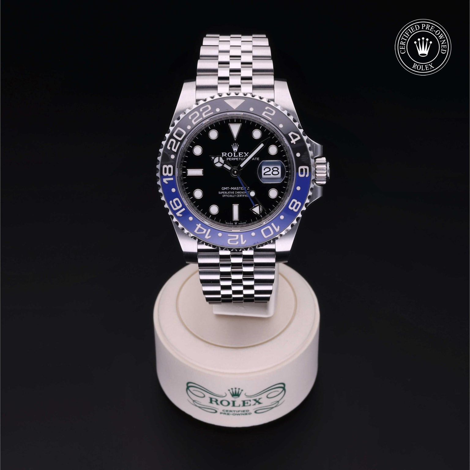 Rolex Certified Pre-owned GMT II M126710BLNR-0002 front on black background