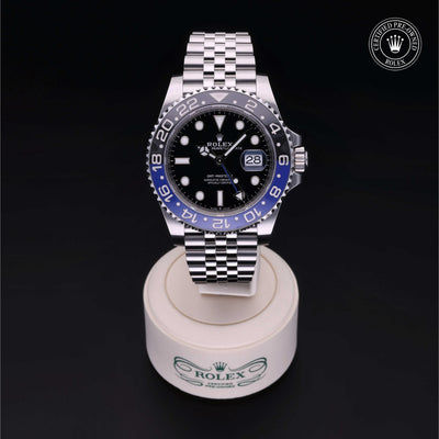 Rolex Certified Pre-owned GMT II M126710BLNR-0002 front on black background