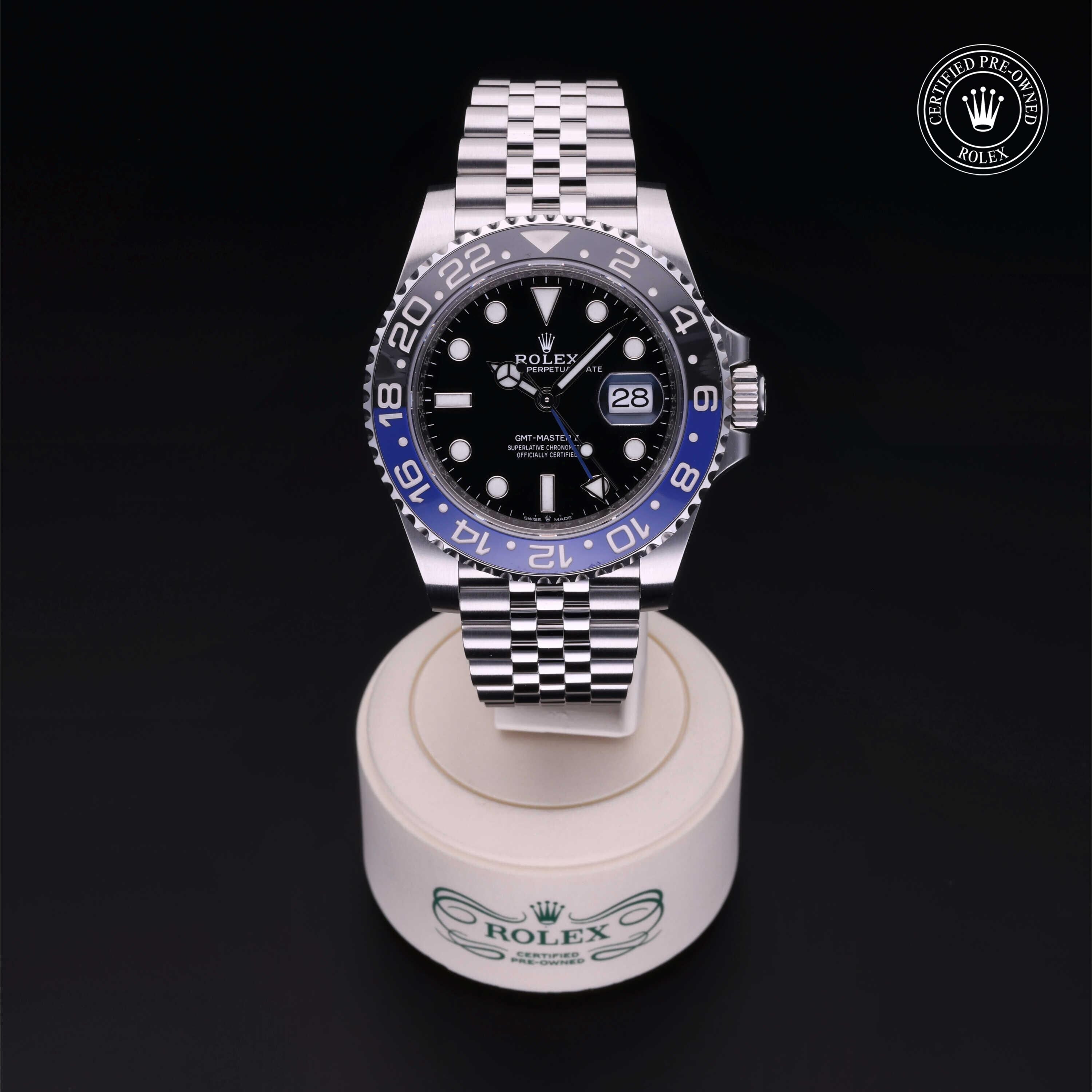 Rolex Certified Pre-owned GMT II M126710BLNR-0002 front on black background