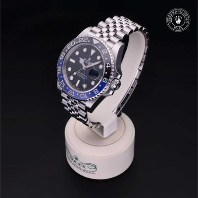 Rolex Certified Pre-owned GMT II M126710BLNR-0002 front on black background