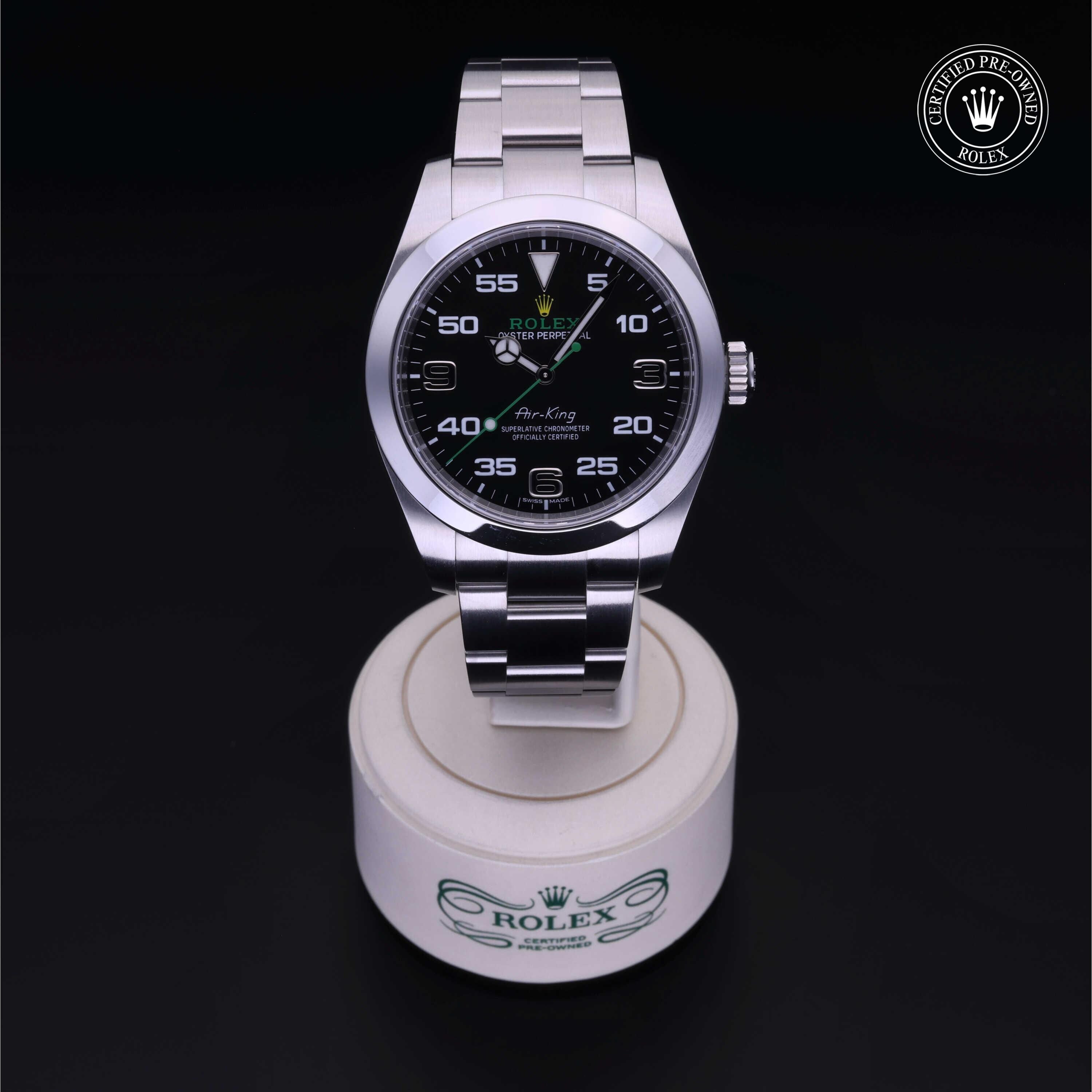 Rolex Certified Pre-owned Air-King M116900-0001 front on black background