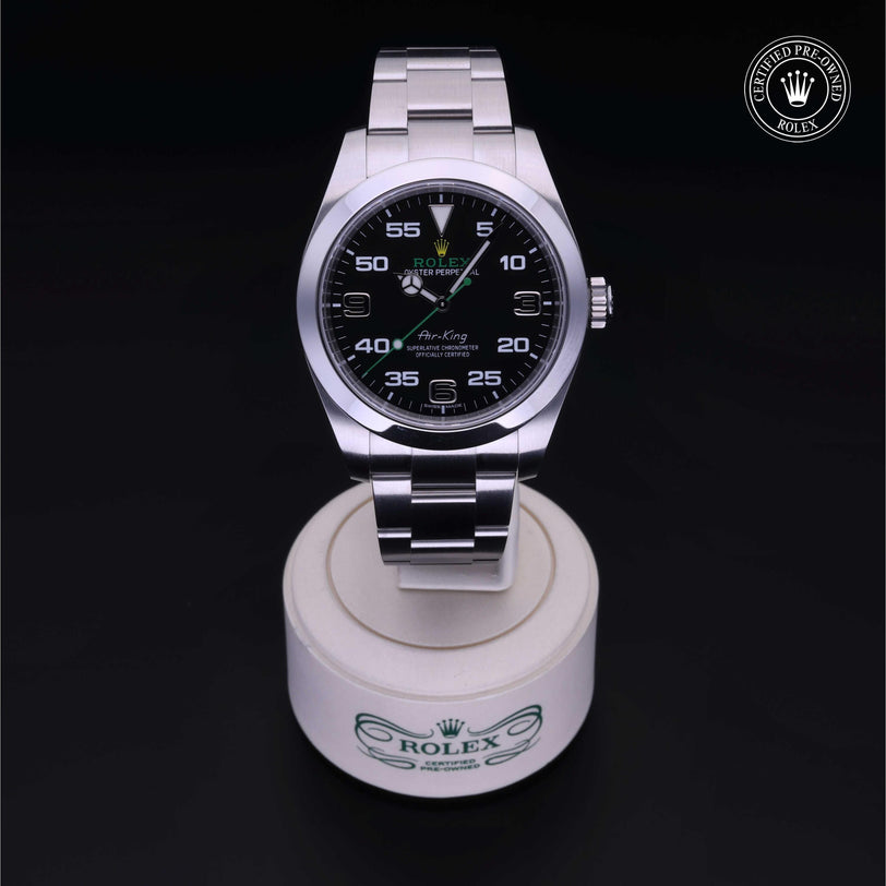 Rolex Certified Pre-owned Air-King M116900-0001 front on black background