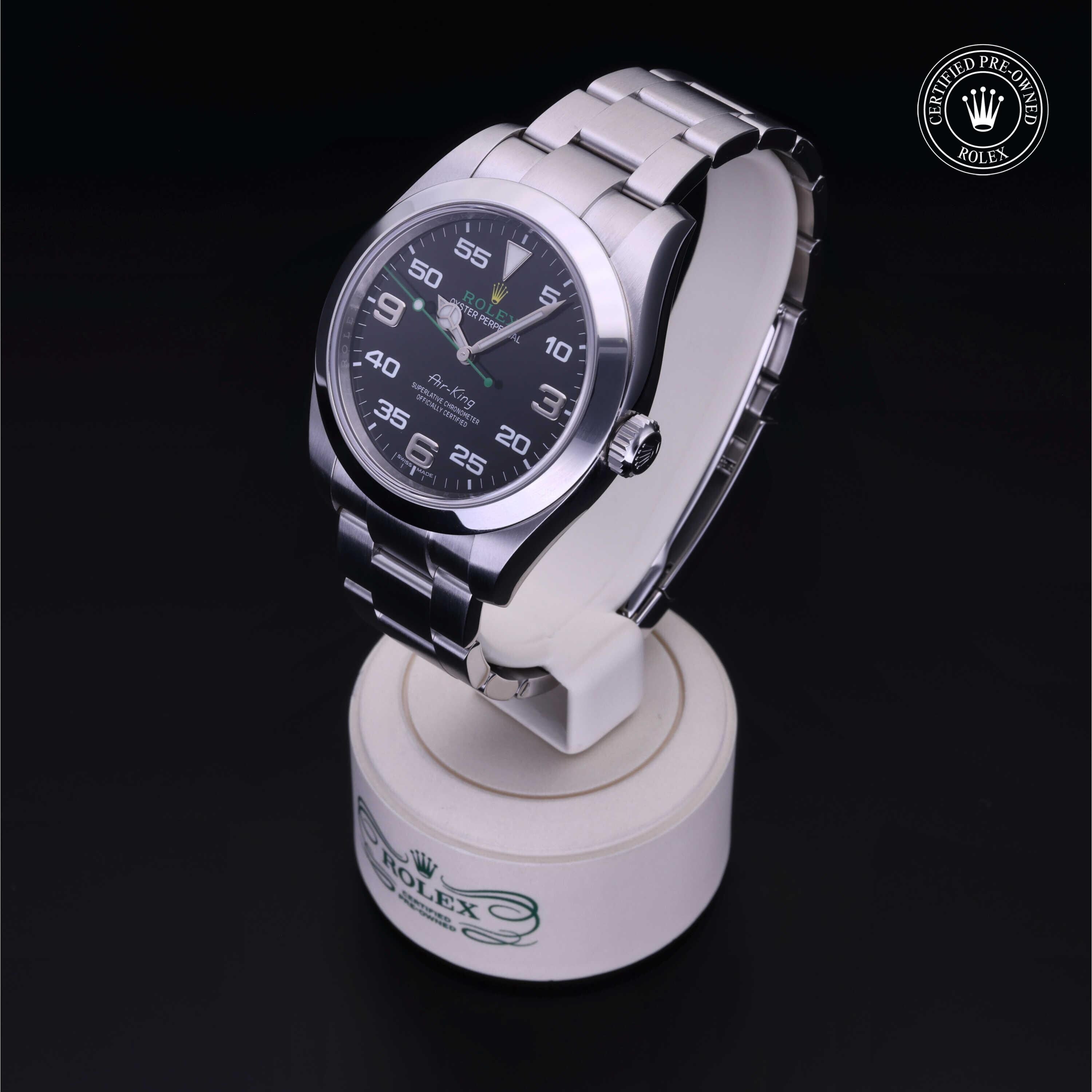 Rolex Certified Pre-owned Air-King M116900-0001 front on black background