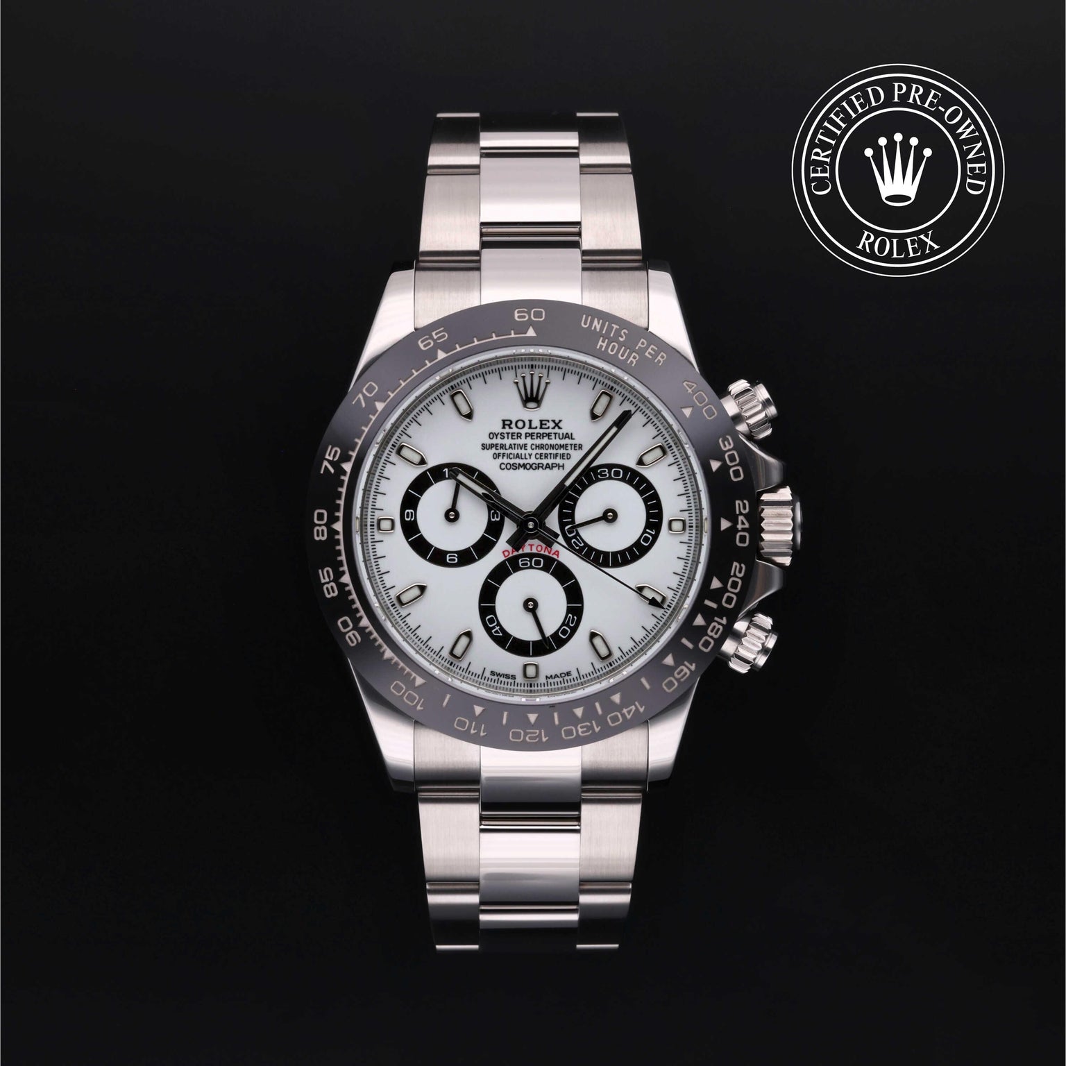 Rolex Certified Pre-owned Daytona M116500LN-0001 front on black background