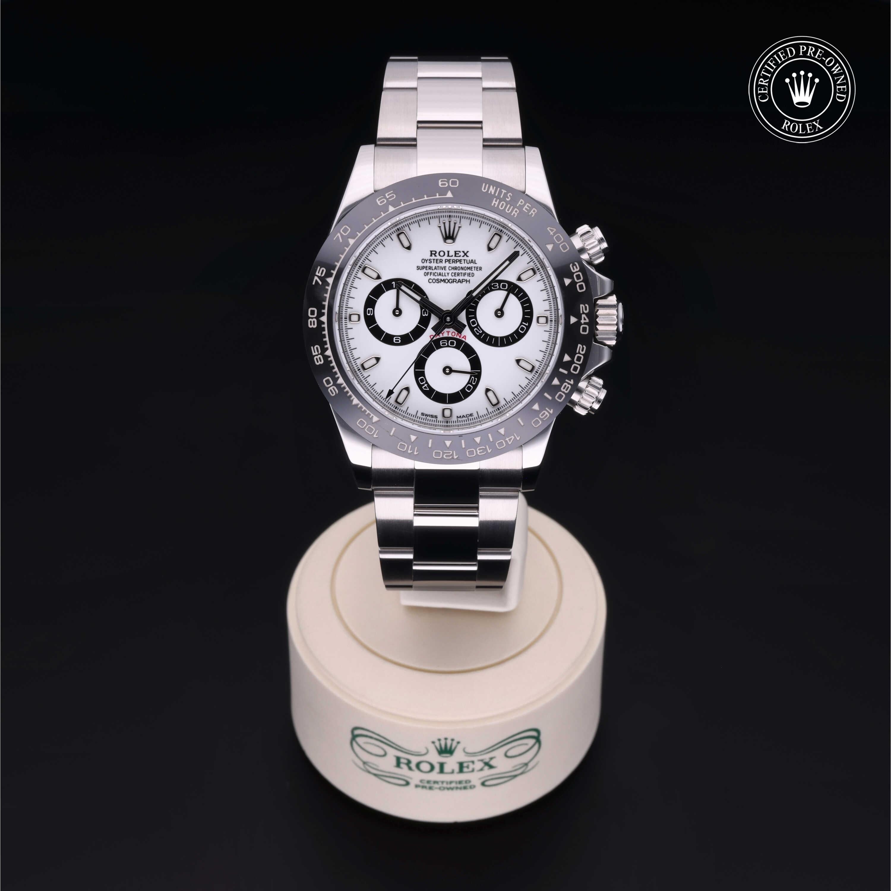 Rolex Certified Pre-owned Daytona M116500LN-0001 front on black background