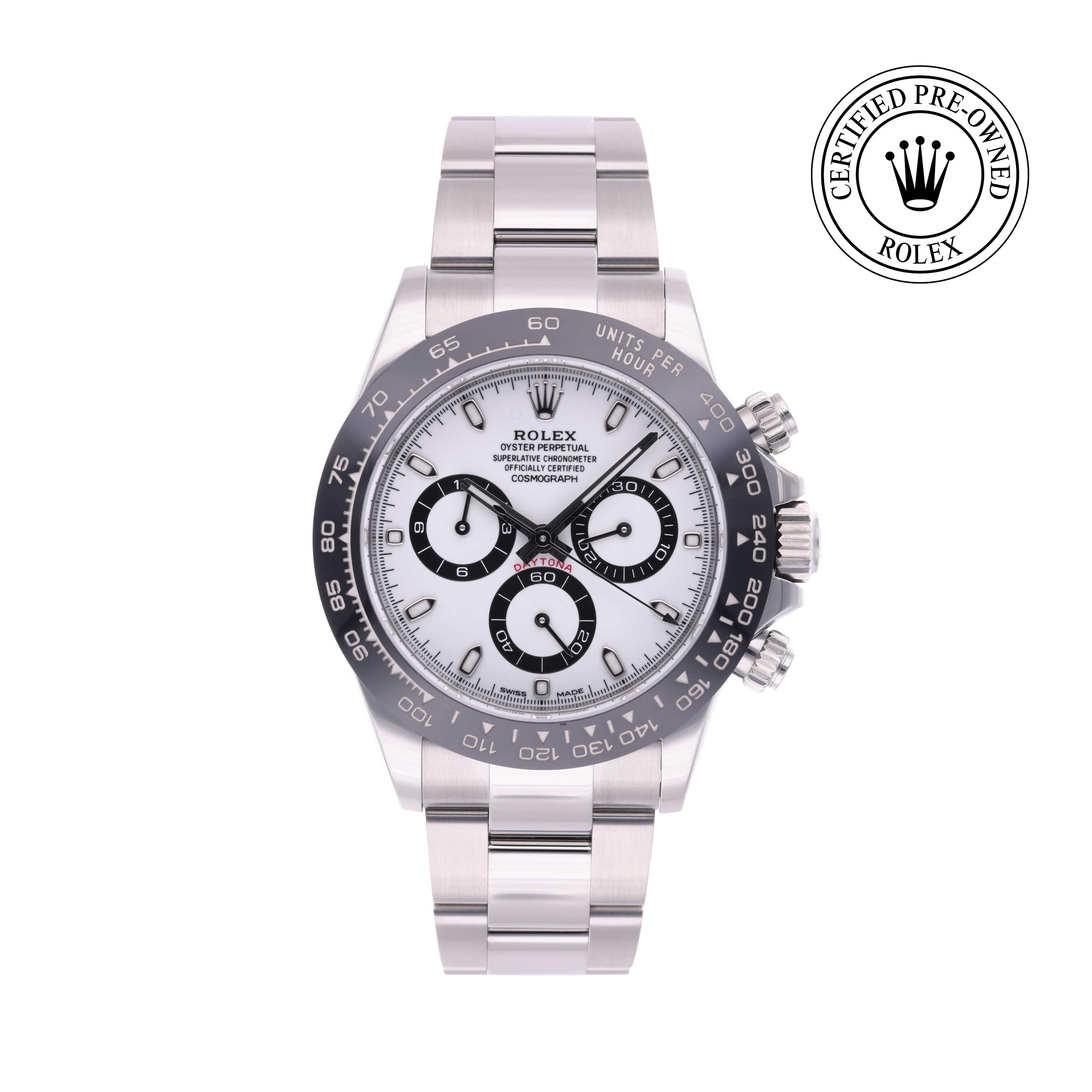 Rolex Certified Pre-owned Daytona M116500LN-0001 front on white background