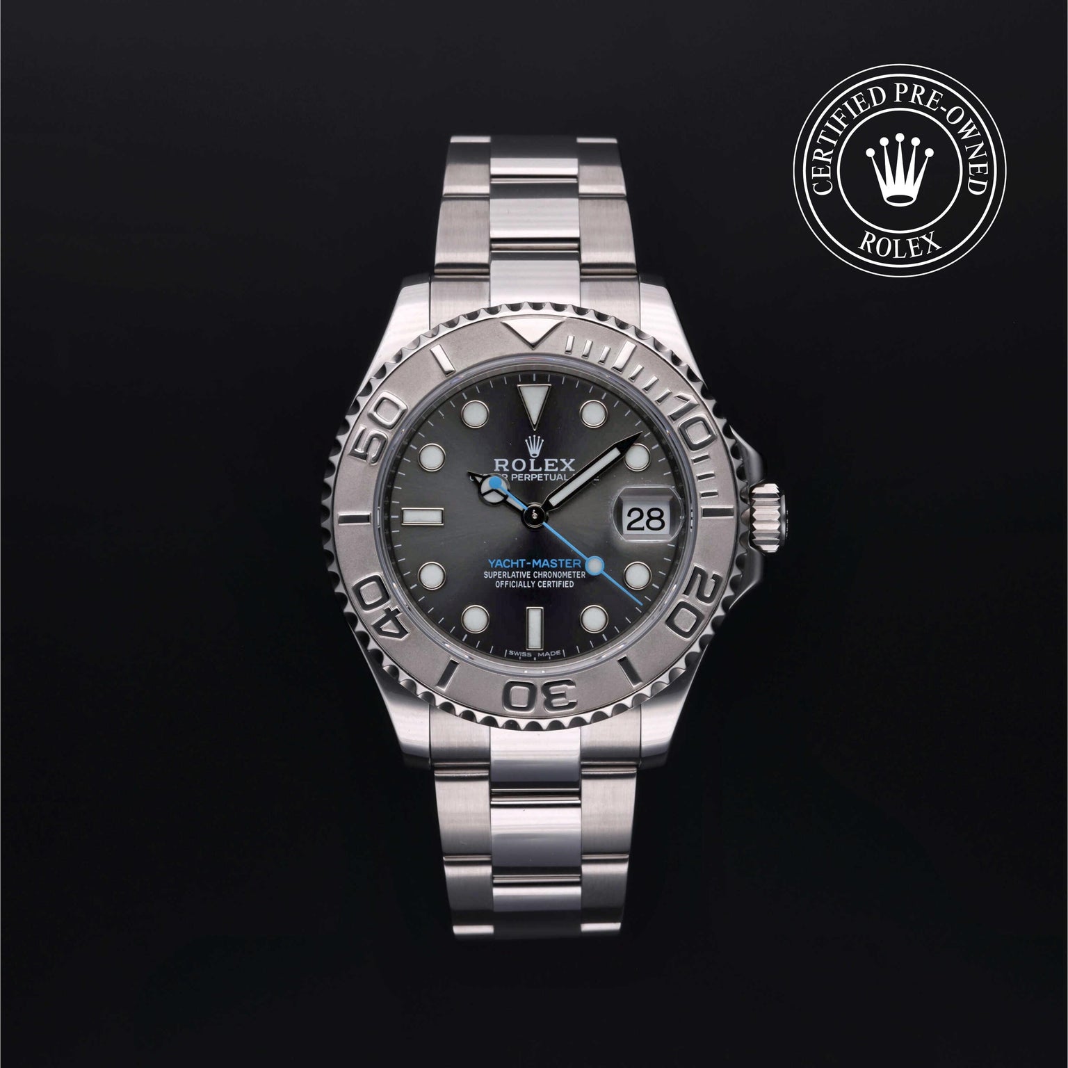 Rolex Certified Pre-owned Yacht-Master M268622-0002 front on black background