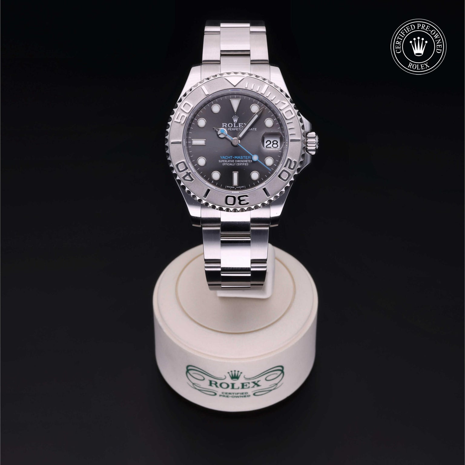 Rolex Certified Pre-owned Yacht-Master M268622-0002 front on black background