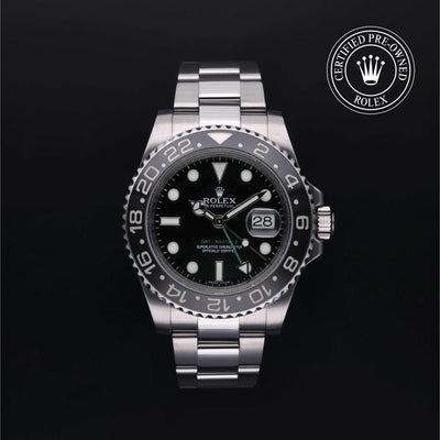 Rolex Certified Pre-owned GMT M116710LN-0001 front on black background