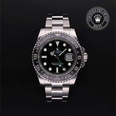 Rolex Certified Pre-owned GMT M116710LN-0001 front on black background