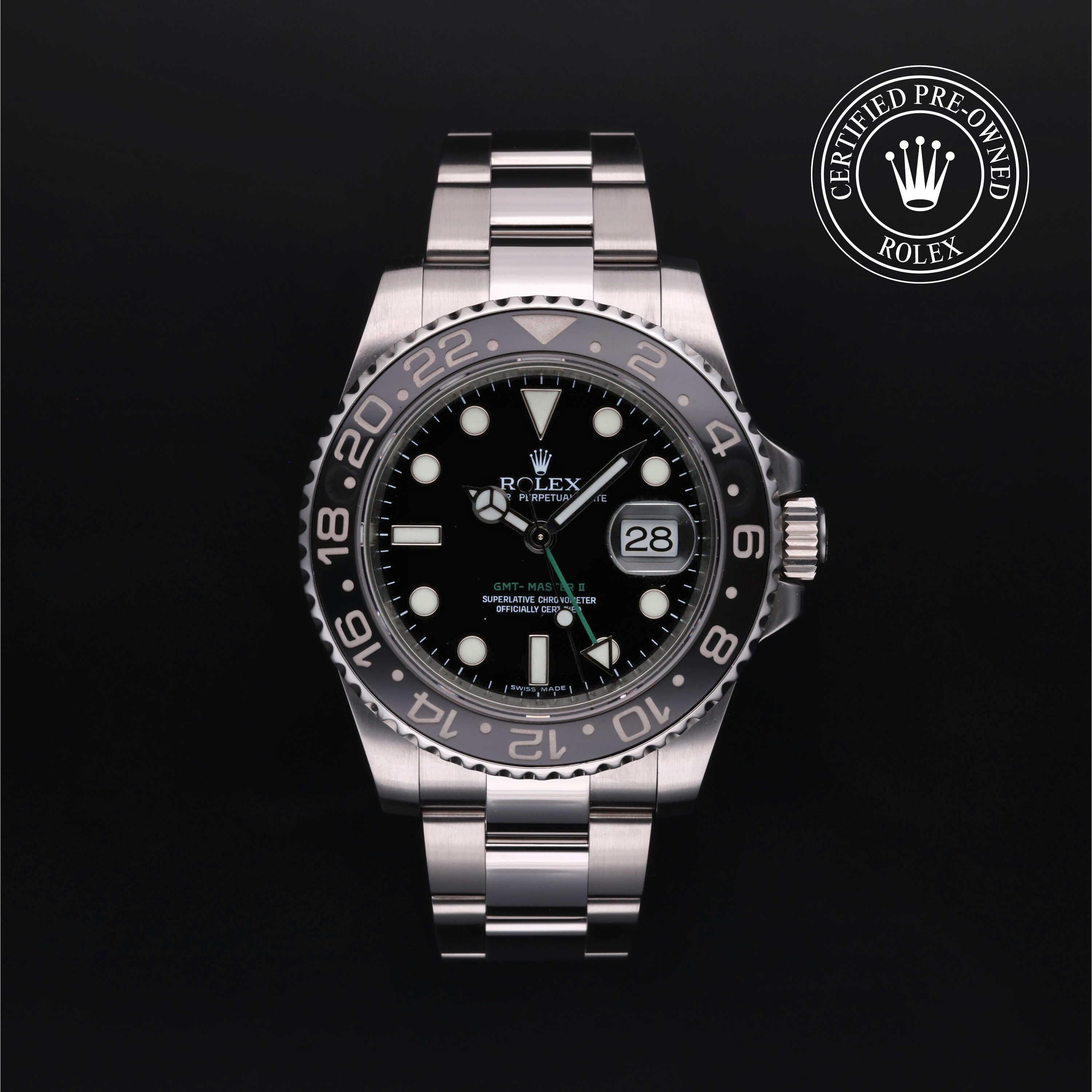 Rolex Certified Pre-owned GMT M116710LN-0001 front on black background