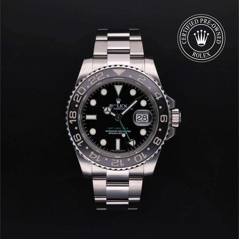 Rolex Certified Pre-owned GMT M116710LN-0001 front on black background