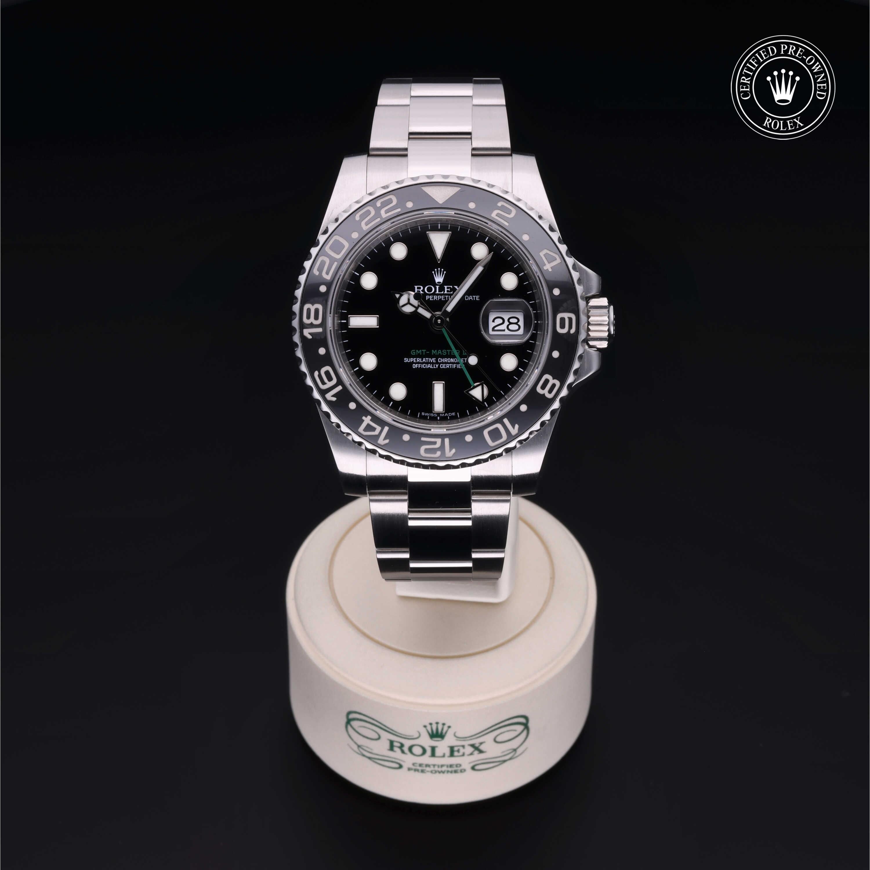 Rolex Certified Pre-owned GMT M116710LN-0001 front on black background