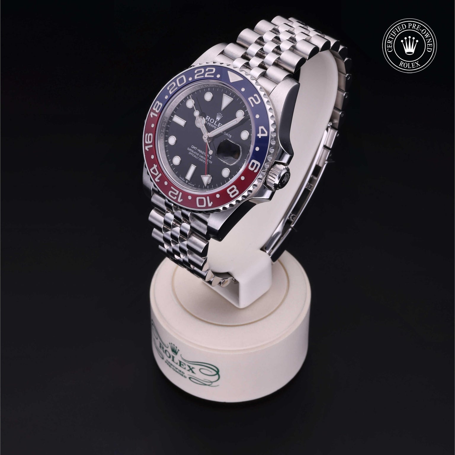 Rolex Certified Pre-owned GMT M126710BLRO-0001 front on black background