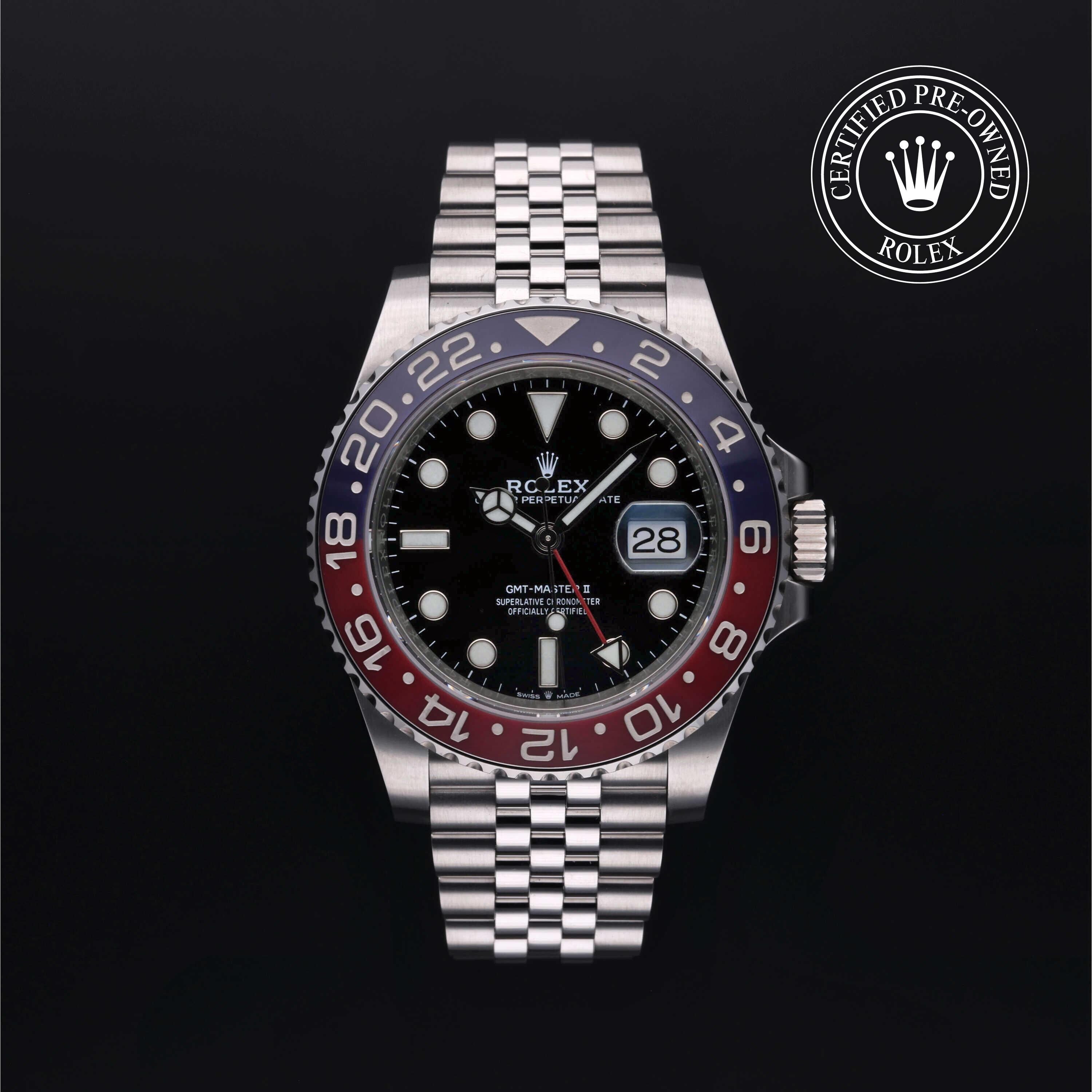 Rolex Certified Pre-owned GMT M126710BLRO-0001 front on black background