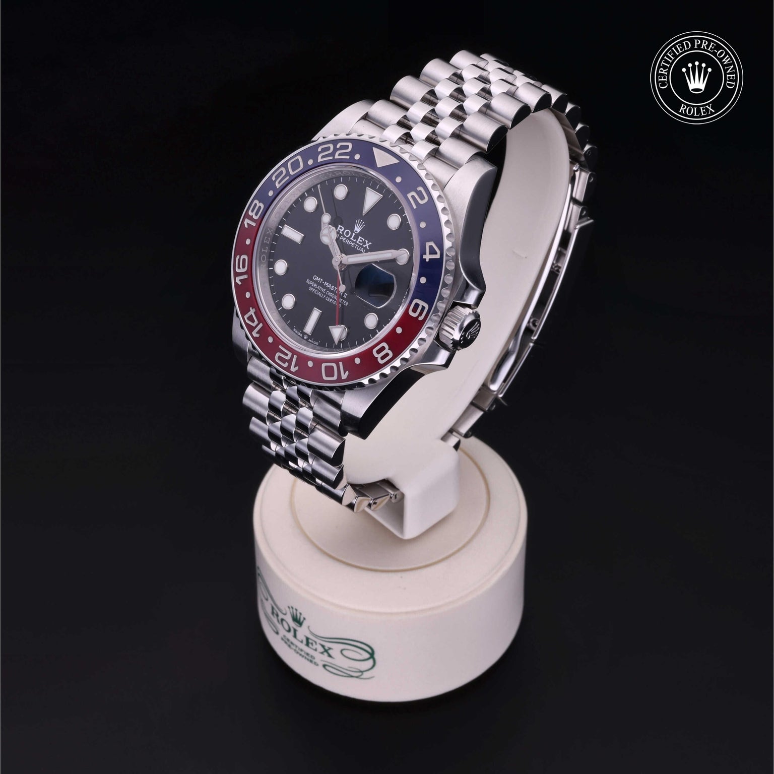 Rolex Certified Pre-owned GMT M126710BLRO-0001 front on black background