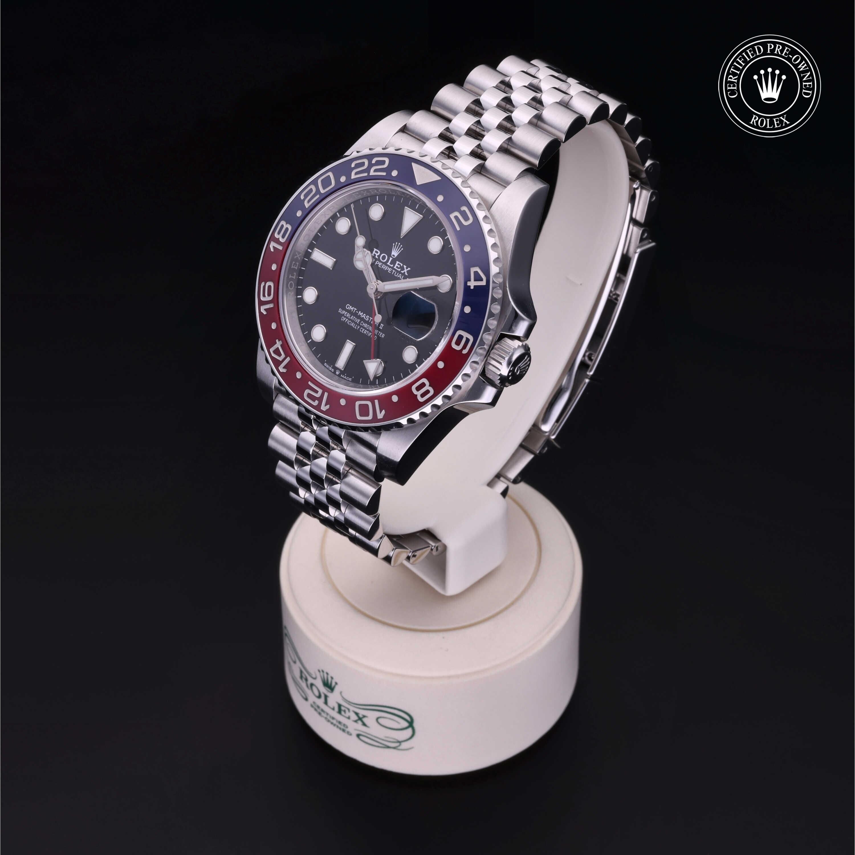 Rolex Certified Pre-owned GMT M126710BLRO-0001 front on black background