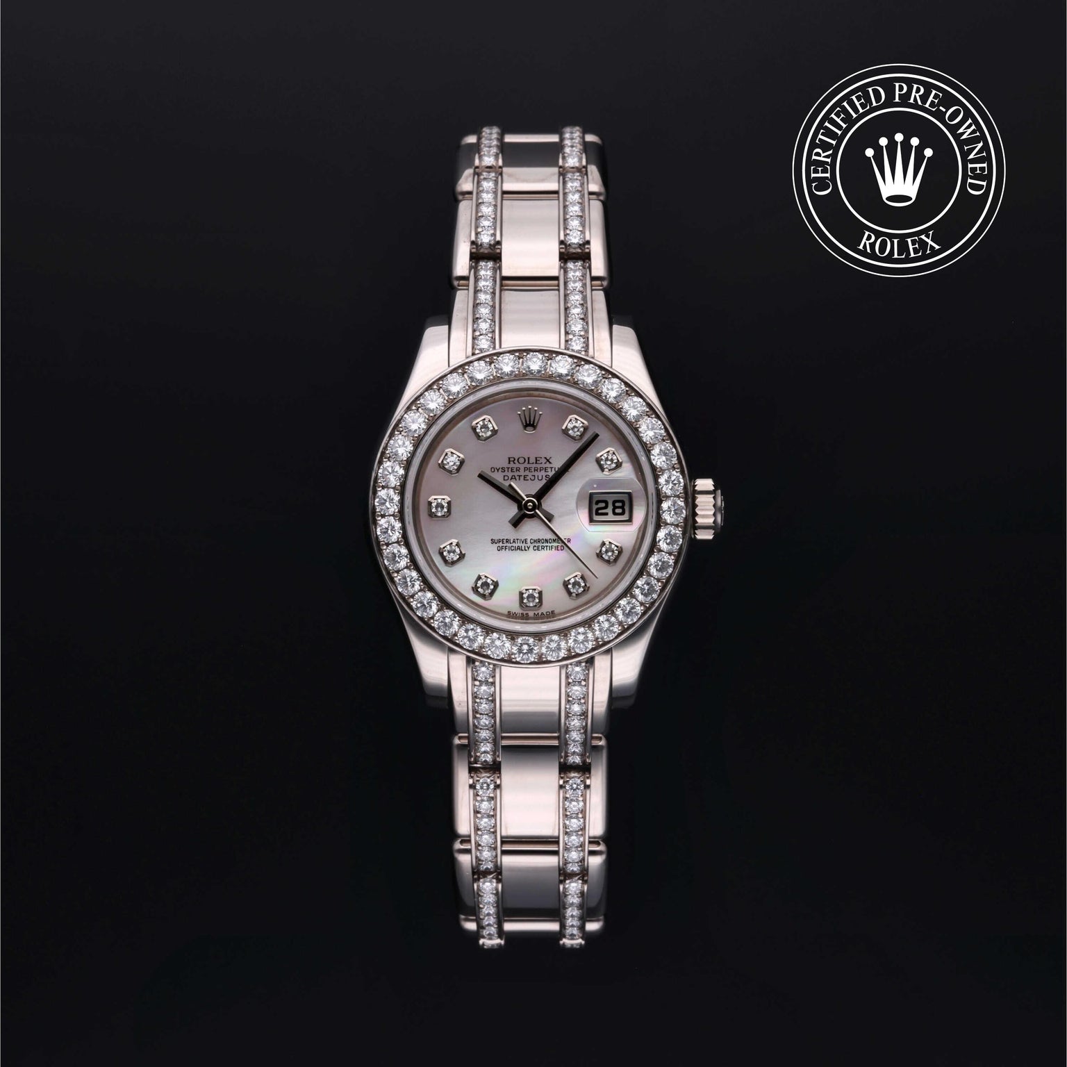 Rolex Certified Pre-owned Pearlmaster M80299-0018 front on black background