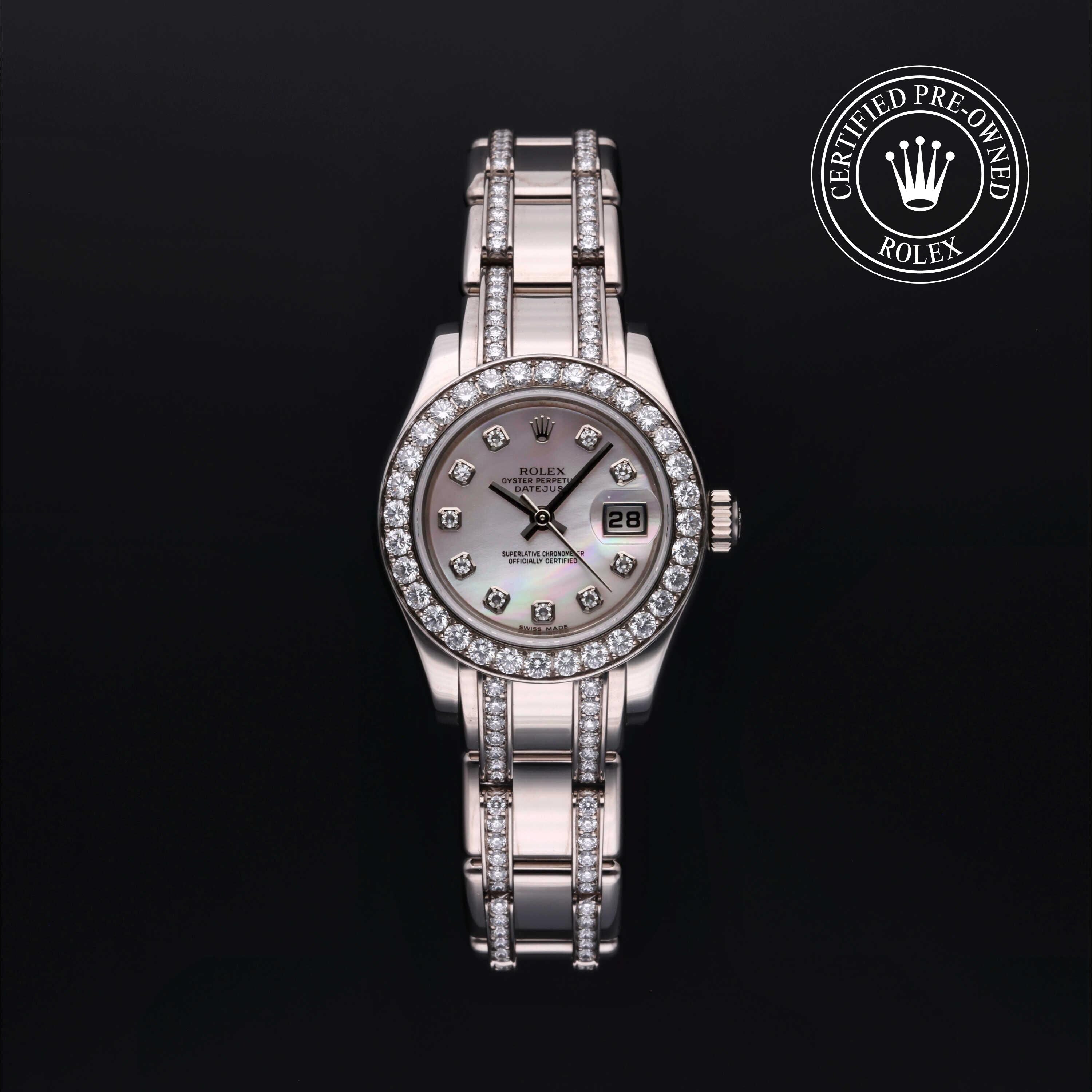 Rolex Certified Pre-owned Pearlmaster M80299-0018 front on black background