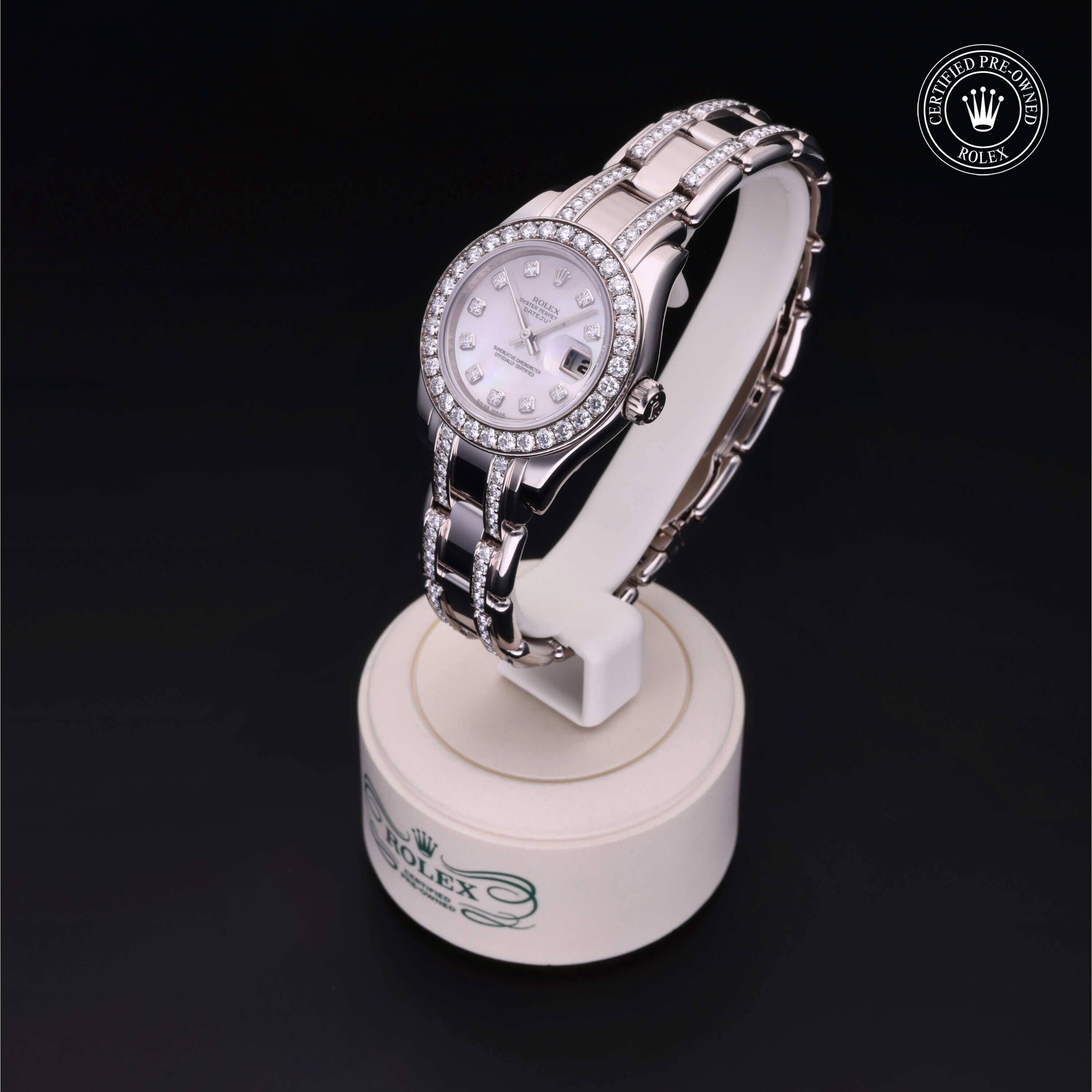 Rolex Certified Pre-owned Pearlmaster M80299-0018 front on black background