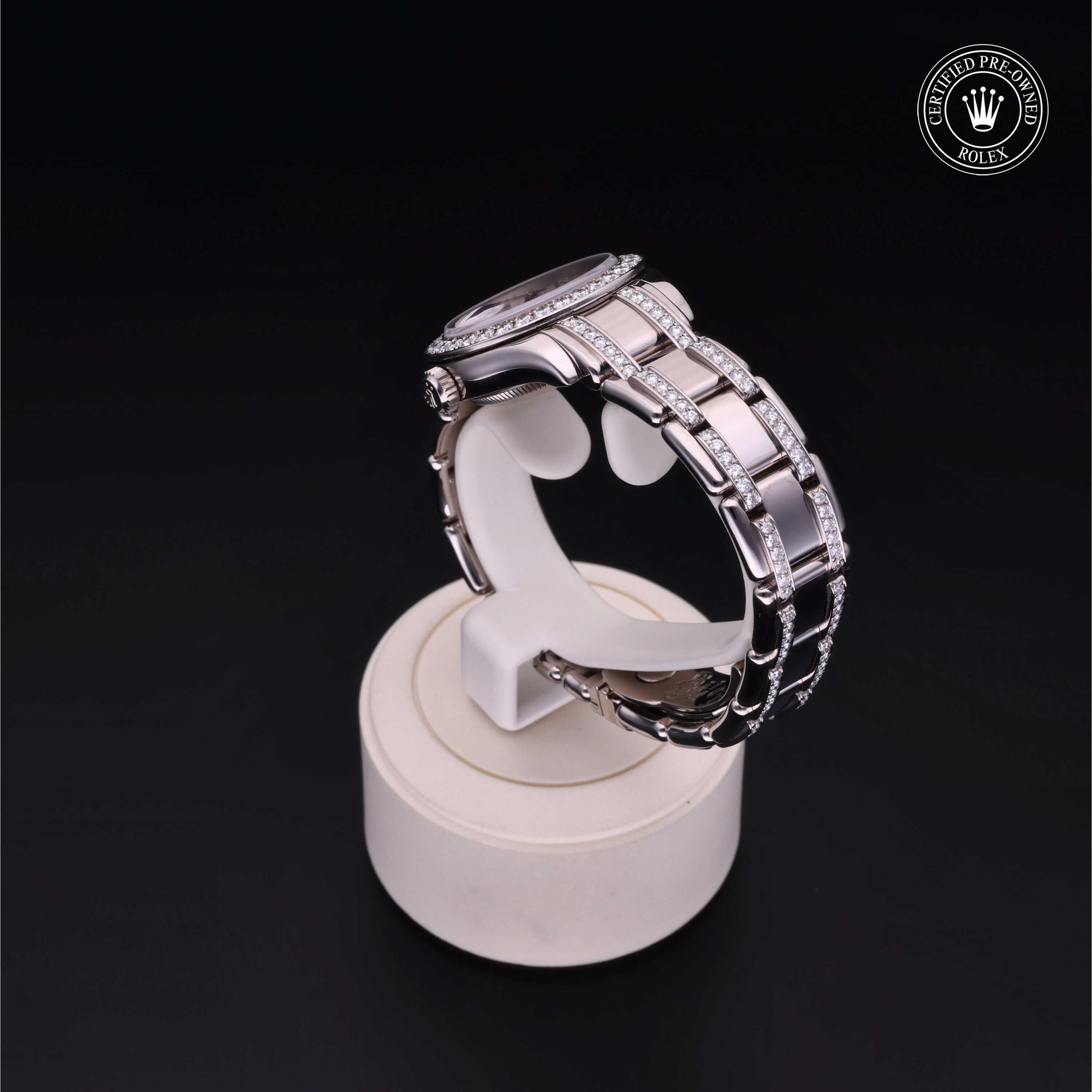Rolex Certified Pre-owned Pearlmaster M80299-0018 front on black background