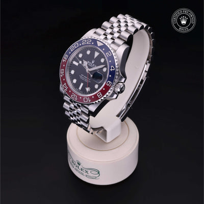 Rolex Certified Pre-owned GMT M126710BLRO-0001 front on black background