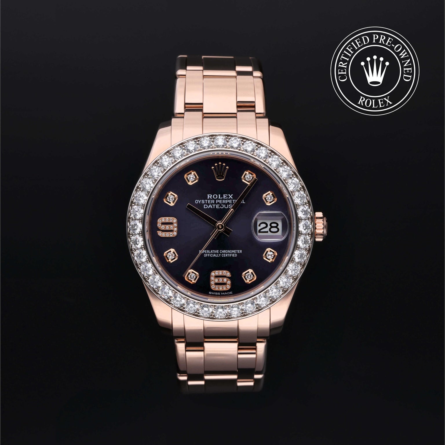 Rolex Certified Pre-owned Pearlmaster M86285-0004 front on black background